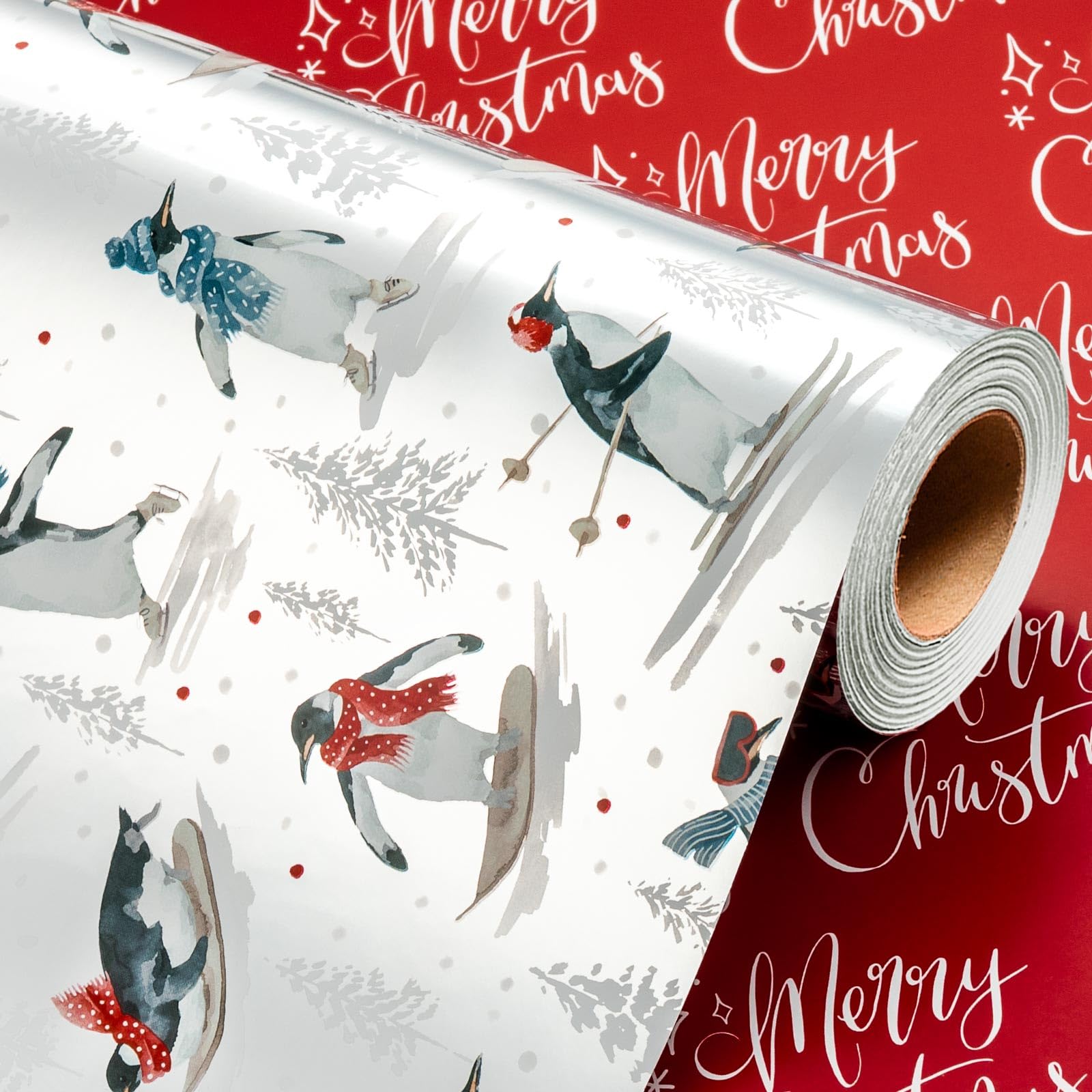 Wikadlik Foil Christmas Wrapping Paper Roll - 43cm x 10m - Metallic Silver Cool Penguin Skiing Merry Christmas Script Holiday Present Gift Wrap Paper for Winter Festive Party Celebrations โ image 1
