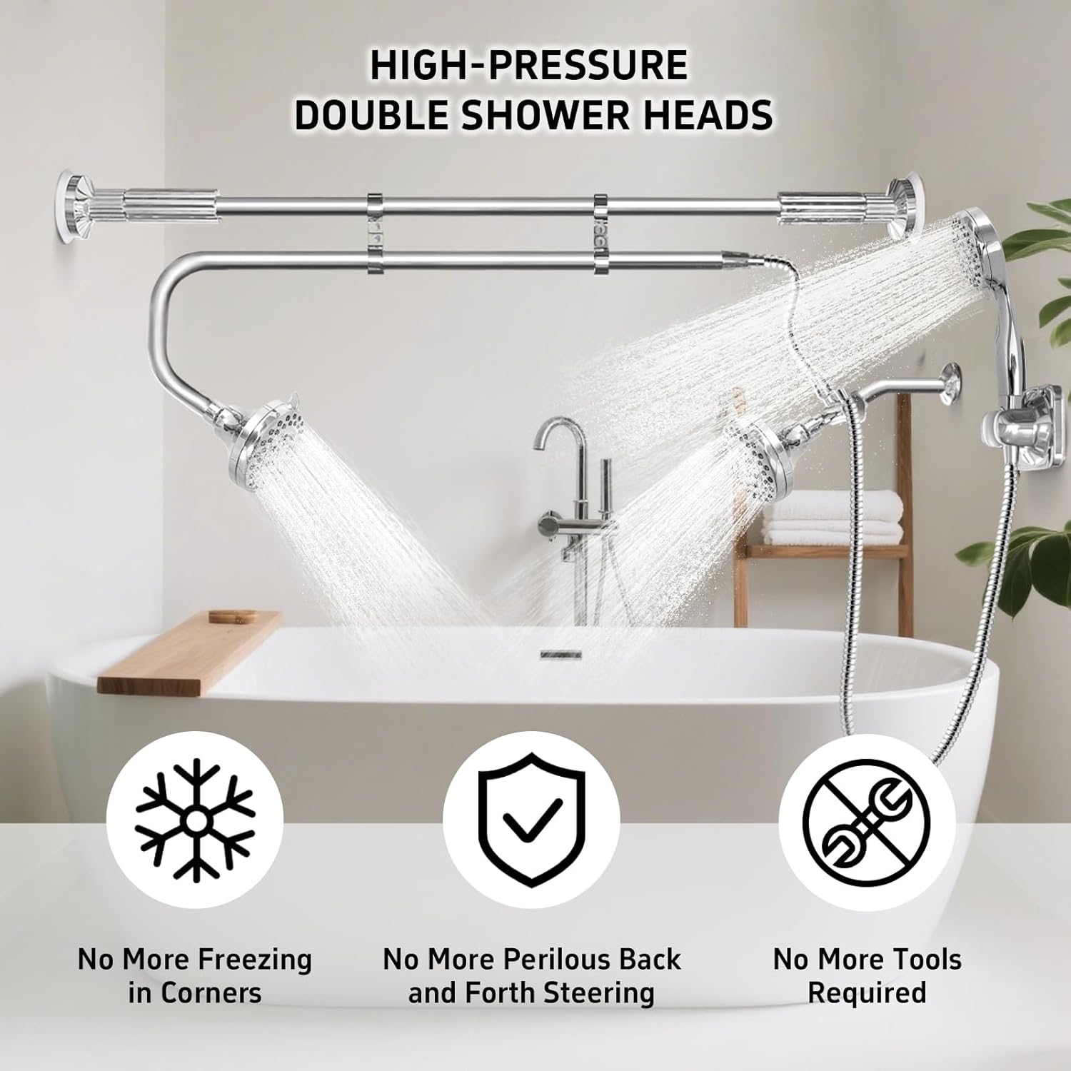 Tandem Shower, Dual Shower Heads for Couples & Handheld head, Triple Shower Head System for Two People, High Pressure and Adjustable Double Shower Heads and Handheld Shower Head（Silver) - Image 4