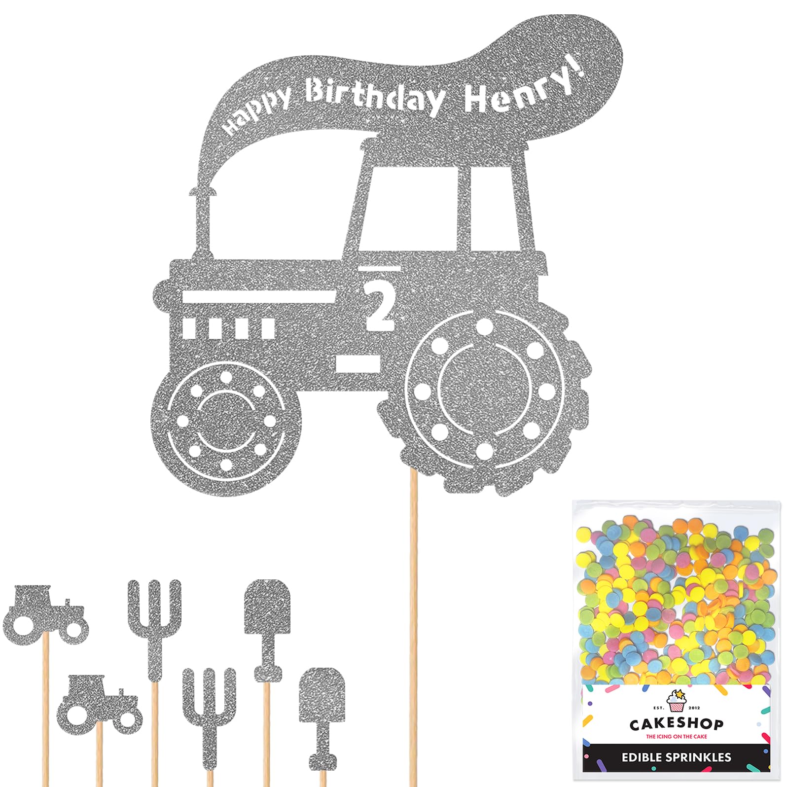 Personalised Farm Tractor Glitter Cake Topper- Dark Silver Any Custom Age & Name Glitter Cake Decoration and Sprinkles - Happy Birthday Decorations - Personalised Toppers for Cakes by Cakeshop — image 1