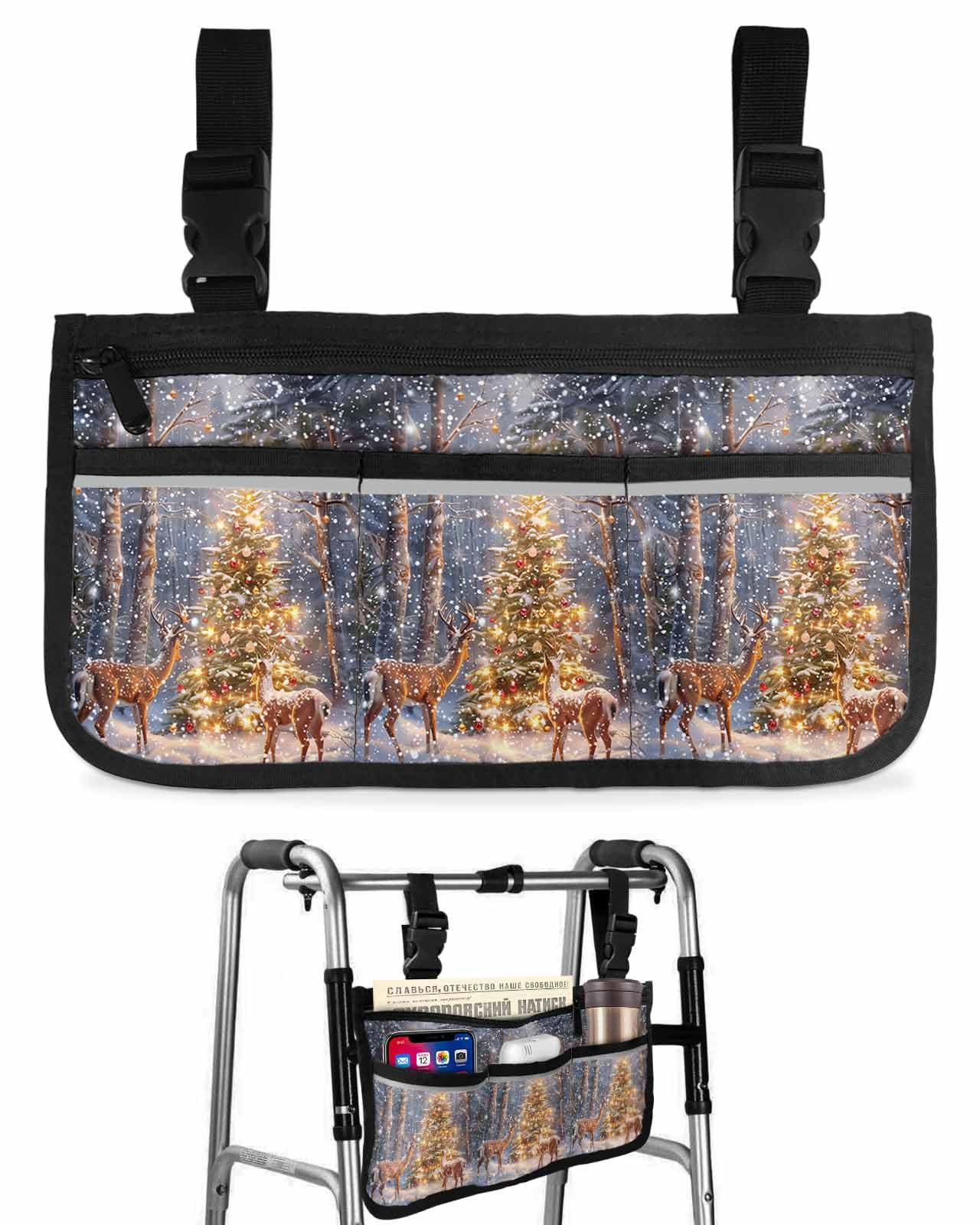 Anzona Christmas Tree Wheelchair Side Bag Walker Bag, Winter Deer Xmas Tree Snowfall Wheelchair Accessories Armrest Pouch, Organizer Storage Bag for Walkers, Rollators, Scooters, 7.3''x13''