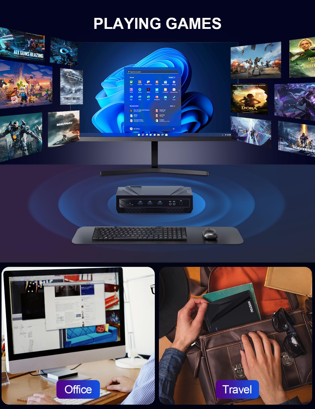 HYSTOU Windows 11 Pro Mini PC i5 1240P Micro Computer, 16GB Ram DDR4 512GB NVMe SSD 2TB SDD 4K Triple Display Office PC, Type C Mini PC para Juegos Ligeros, Oficina, Negocios, educación, WiFi6/BT5.2