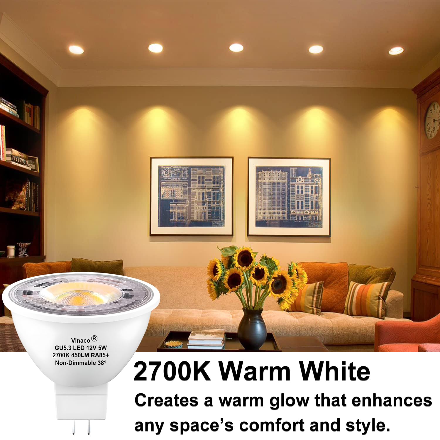 Vinaco MR16 LED Bulb 5W (2700K Warm White) – GU5.3 Bi-Pin Base, 450LM, 38° Spot, Non-Dimmable, Replaces 50W Halogen, 6-Pack – Fits Recessed, Track & Landscape Lights