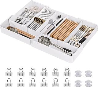 yazi カトラリーケース 伸縮式 カトラリートレー キッチン 収納 引き出し 仕切り カトラリー入れ 箸収納 スプーン ナイフ 整理ボックス 文房具・化粧品・小物入れ 伸縮仕切り 固定クリップと滑止め吸盤付き (3面調整可能)