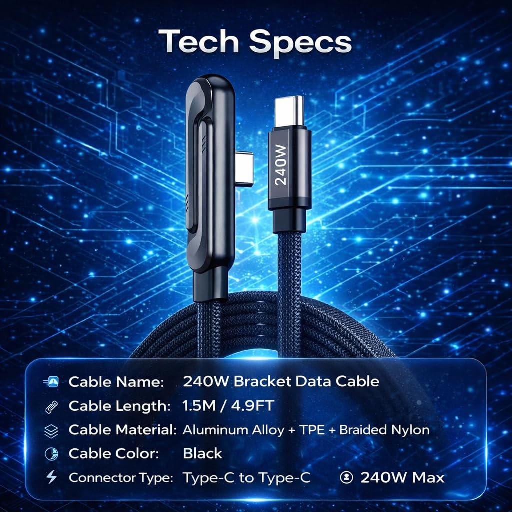 LWW 240W USB-C to USB-C Fast Charging Cable with Built-in Phone Stand, Right Angle Braided Type-C Cord for iPhone 15, iPad, MacBook, Gaming & Desk Use, PD 3.1 Durable Charger, 3-Pack