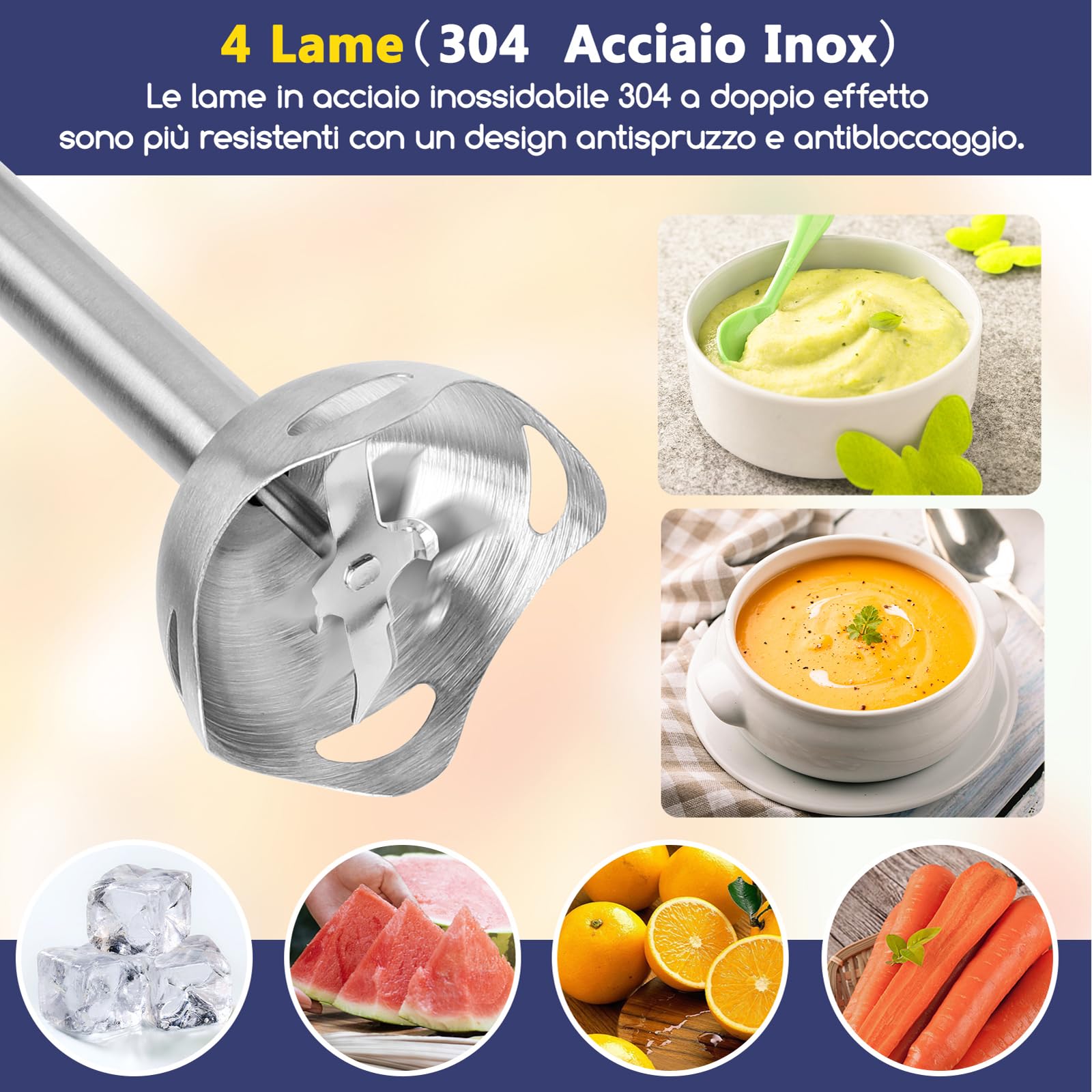 Aigostar Buckle - Frullatore a immersione 4 in 1 da 1000 W. Mixer subacqueo con 6 velocità + Turbo. Mixer multifunzione con tritacarne da 500 ml, misurino da 600 ml e frusta, senza BPA