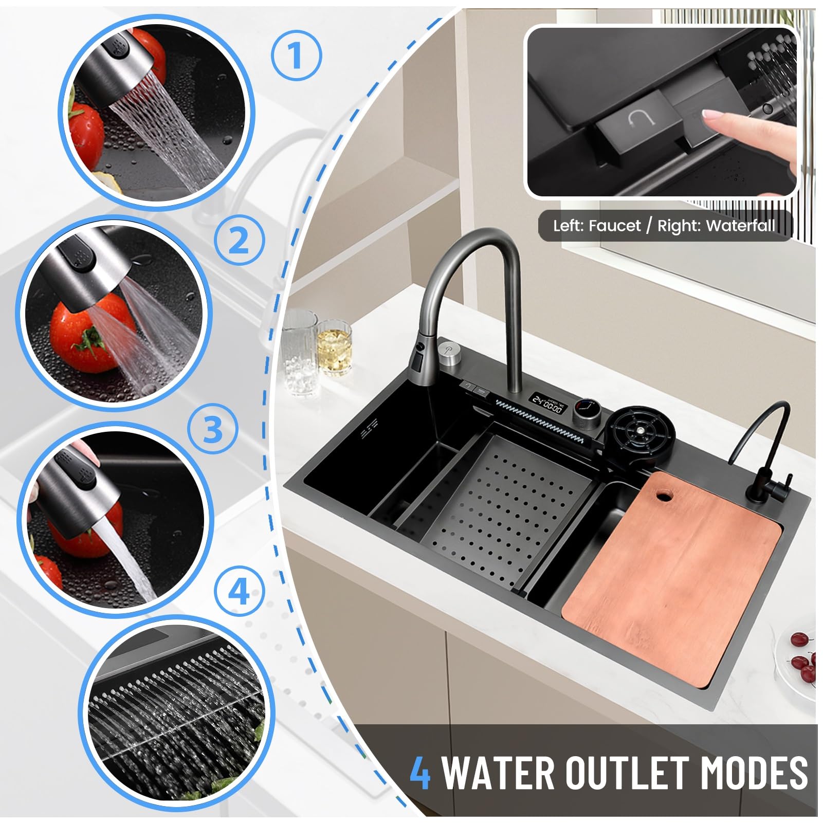 Fregadero de Cocina Grande con escurridor, Fregadero de un Solo Seno para encimera, para instalación empotrada, Acero Inoxidable, Incluye Kit de desagüe Completo (Negro, 75x45x22cm