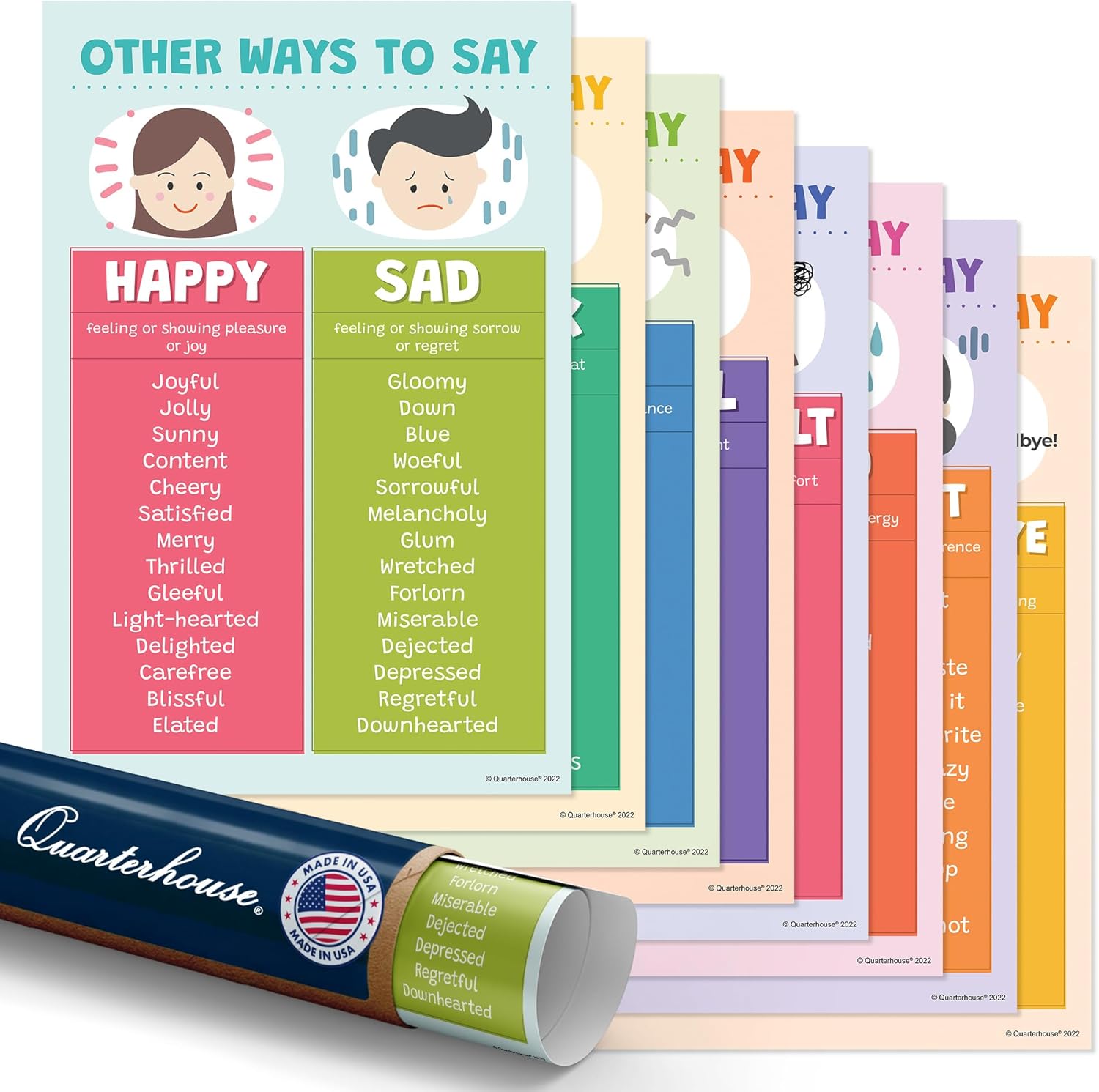 Quarterhouse 8 Poster Other Ways to Say Synonyms Set, English Classroom Learning Materials for K-12 Students and Teachers, 12 x 18 Inches, Made in USA