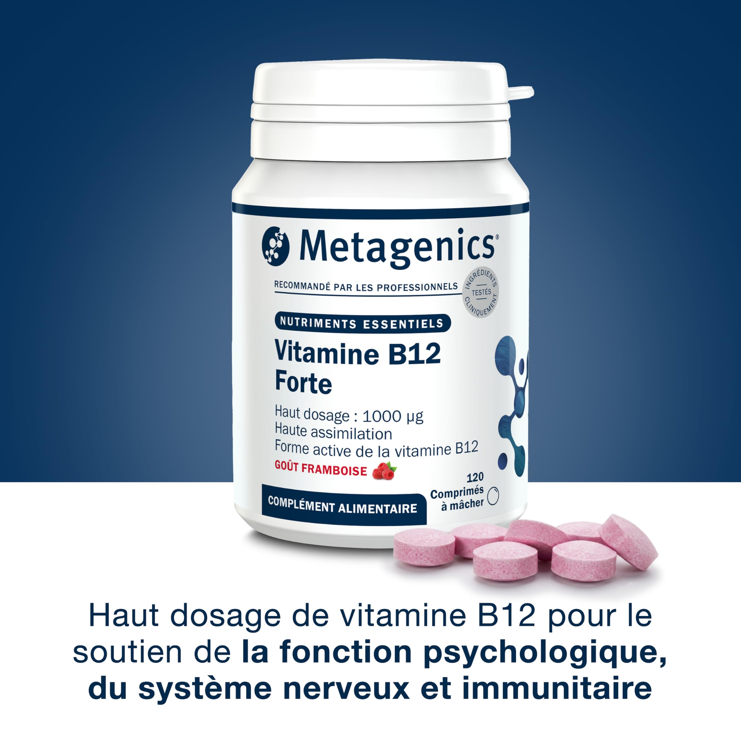 Metagenics Vitamine B12 Forte 1000 μg - Soutien de l'énergie et du système nerveux, réduit la fatigue, 120 comprimés à croquer goût framboise