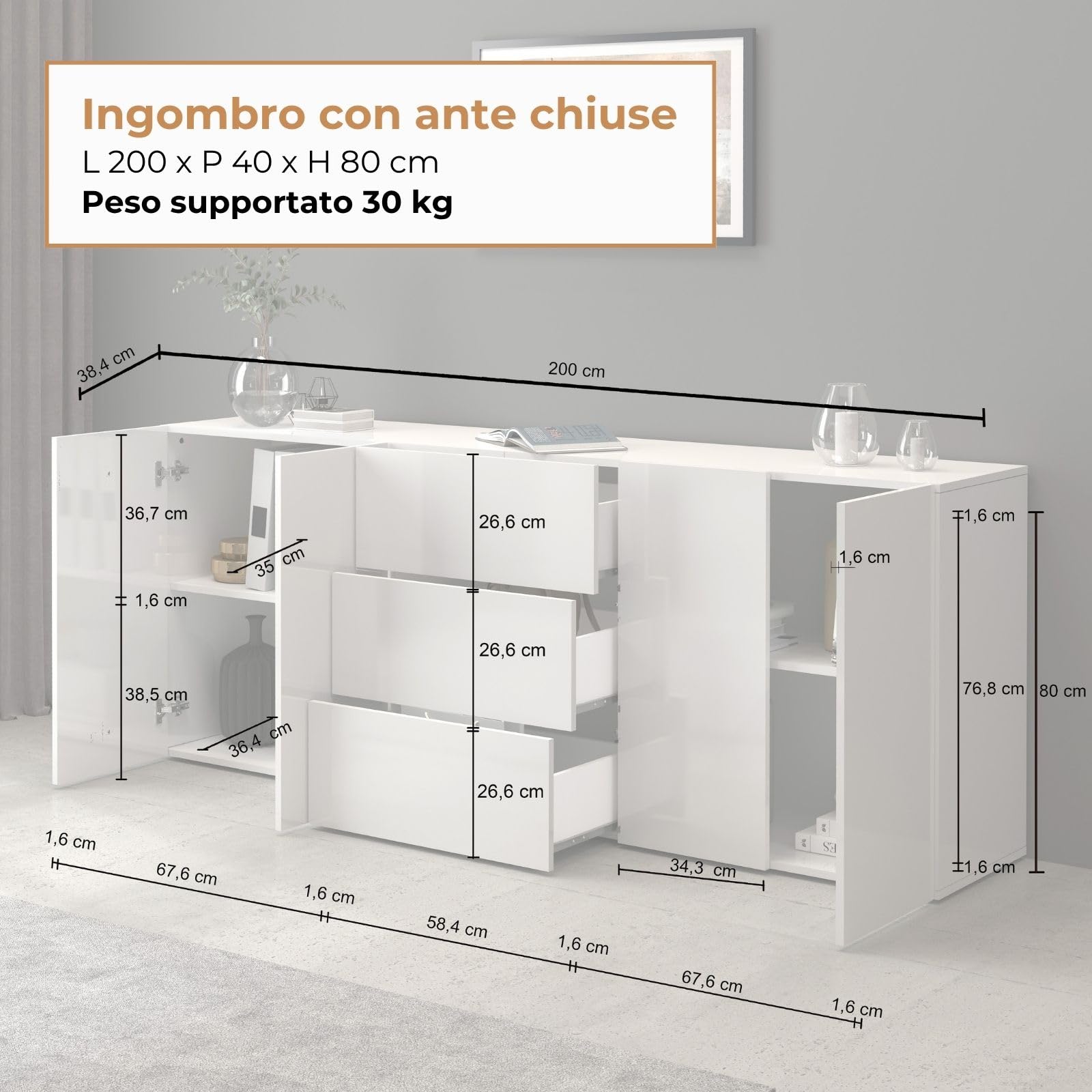 WHOUS Credenza e Buffet EGYPT per Soggiorno con 4 Ante e 3 Cassetti, Madia per Salotto, Cucina e Sala da Pranzo in Legno, 200x40x80 cm, Bianco Laccato Lucido