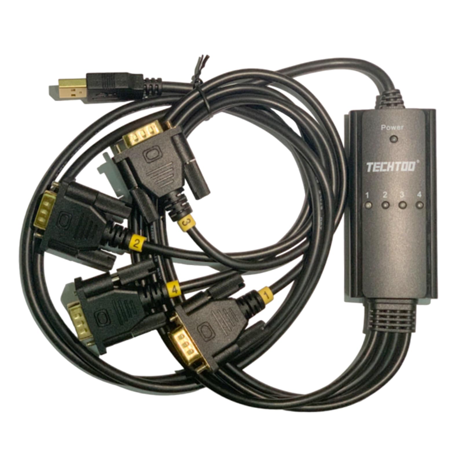 TECHTOO Adaptador USB a Serial RS232 DB9 de 4 puertos USB a Seria, cable serie de 9 pines con tornillos de mariposa (chip prolífico con tornillos de pulgar, 4 puertos)