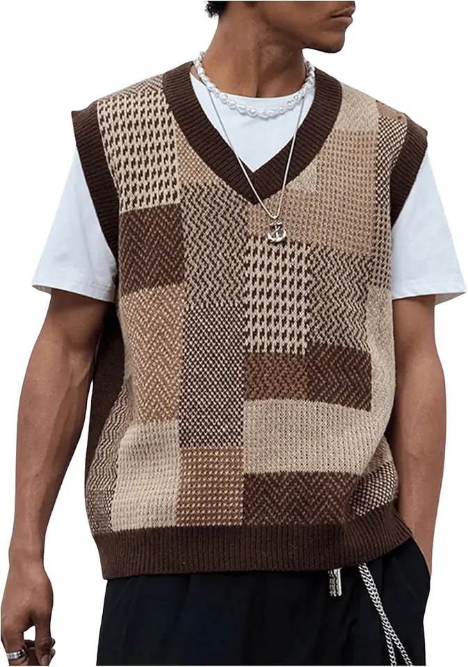 OYOANGLE Men's Vintage Plaid Print Sweater Vest Sleeveless V Neck Pullover Knit Tank Tops