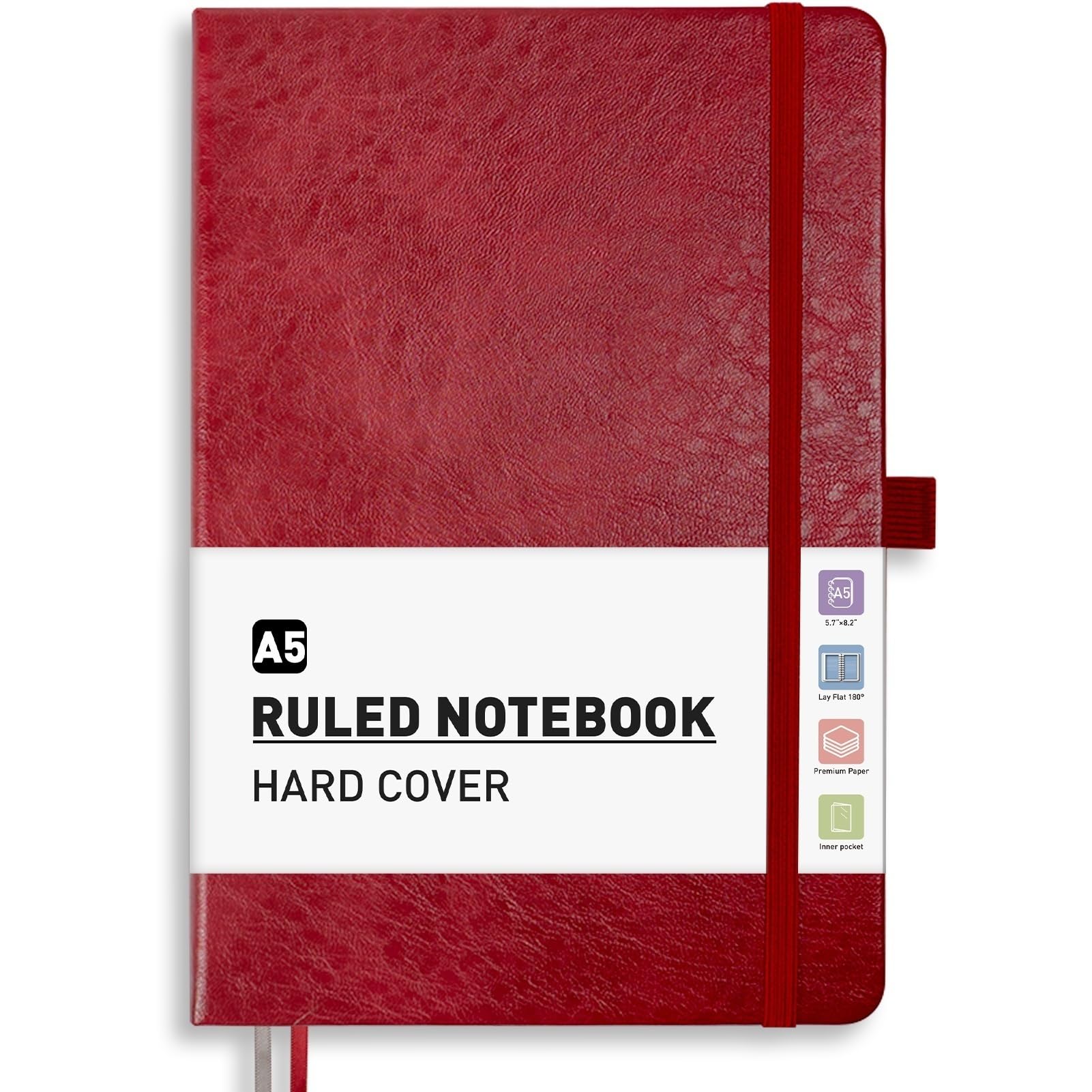 PYNEX A5 Lined Diary Notebook, Leather Journal for Women and Men, Hardcover, 200 Pages with 8 Planning Sheets, Ideal for Writing, Work and Study, 14.5 x 21cm - Red — image 1