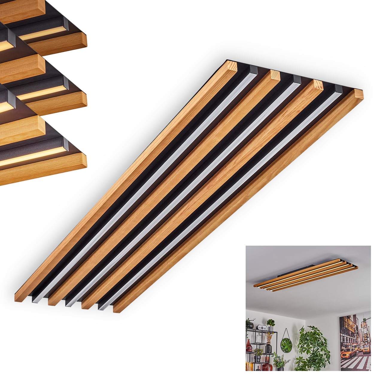 Hofstein Black Led Ceiling Light Favorina, Dimmable Ceiling Light Made Of Metal/Wood/Plastic In /Natural/White, 44 Watts, 5050 Lumens, 3000 Kelvin, Length 121 Cm, Dimmable Via Light Switch