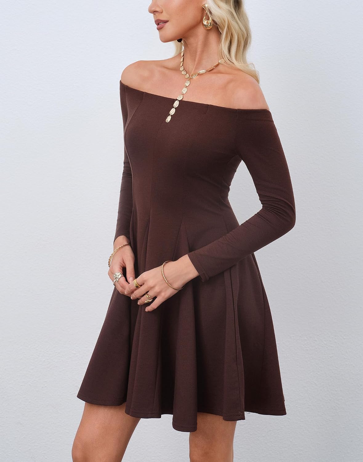 HYPERFIRE Women's Off The Shoulder Long Sleeve Short Dress A Line Pleated Mini Party Dresses