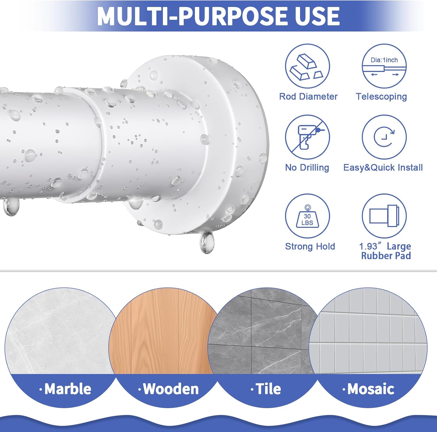 Shower Curtain Rod 36-98 Inches (3-8.2ft) Non Rust Adjustable White Shower Rod Spring Tension Non Slip No Drilling Stainless Steel Shower Rods for Bathroom Window