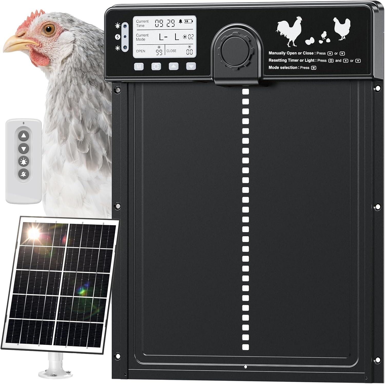 CHAMUTY Große Automatische Hühnerklappe Solar, Aluminum Elektrische Hühnerklappe Automatisch mit Lichtsensor, Zeitschaltuhr, LCD Display, 15M Fernbedienung, Intelligenter Einklemmschutz und Alarm