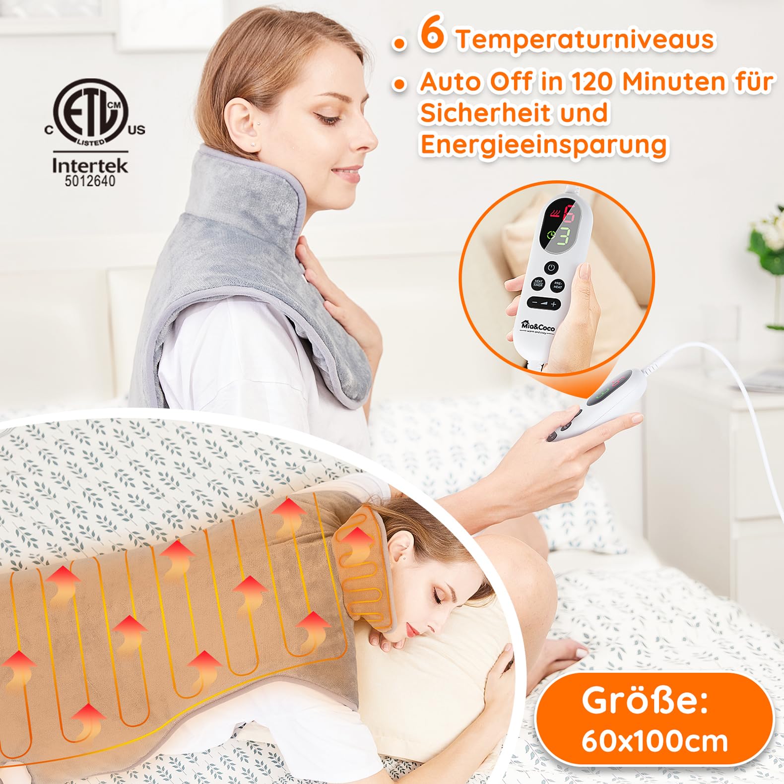 Heizkissen für Rücken Schulter Nacken 60x100cm Wärmekissen mit Taillenriemen, Schnelle Erwärmung, 6 Heizstufen, Rückenwärmer Abschaltautomatik Timer, Flanell, maschinenwaschbar, EU-Stecker, Grau