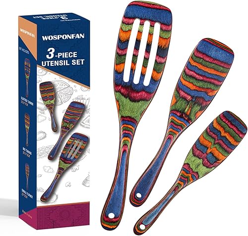 Miniatura 8 de WOSPONFAN - Cucharas de madera para cocinar juego de utensilios de cocina de Pakkawwood juego de utensilios de cocina de cocina esenciales de