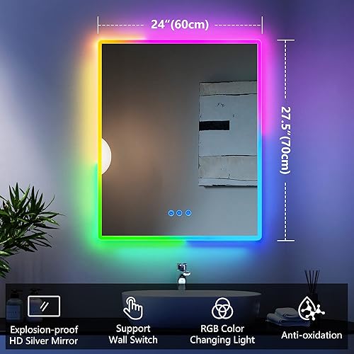 Miniatura 5 de LVSOMT Espejo de baño LED RGB para pared, 24 x 28 pulgadas, espejo de tocador de pared con luces que cambian de color, espejo iluminado para colgar,