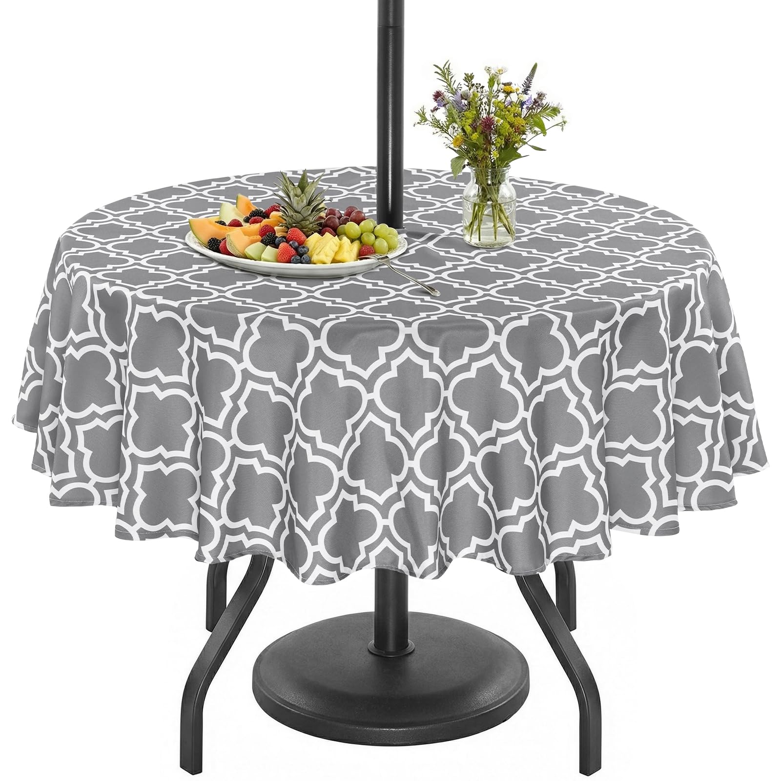 Eternal Beauty 178cm Round Grey Plaid Indoor Outdoor Splashproof Tablecloth for Patio Garden Party and BBQ（70 Inch）