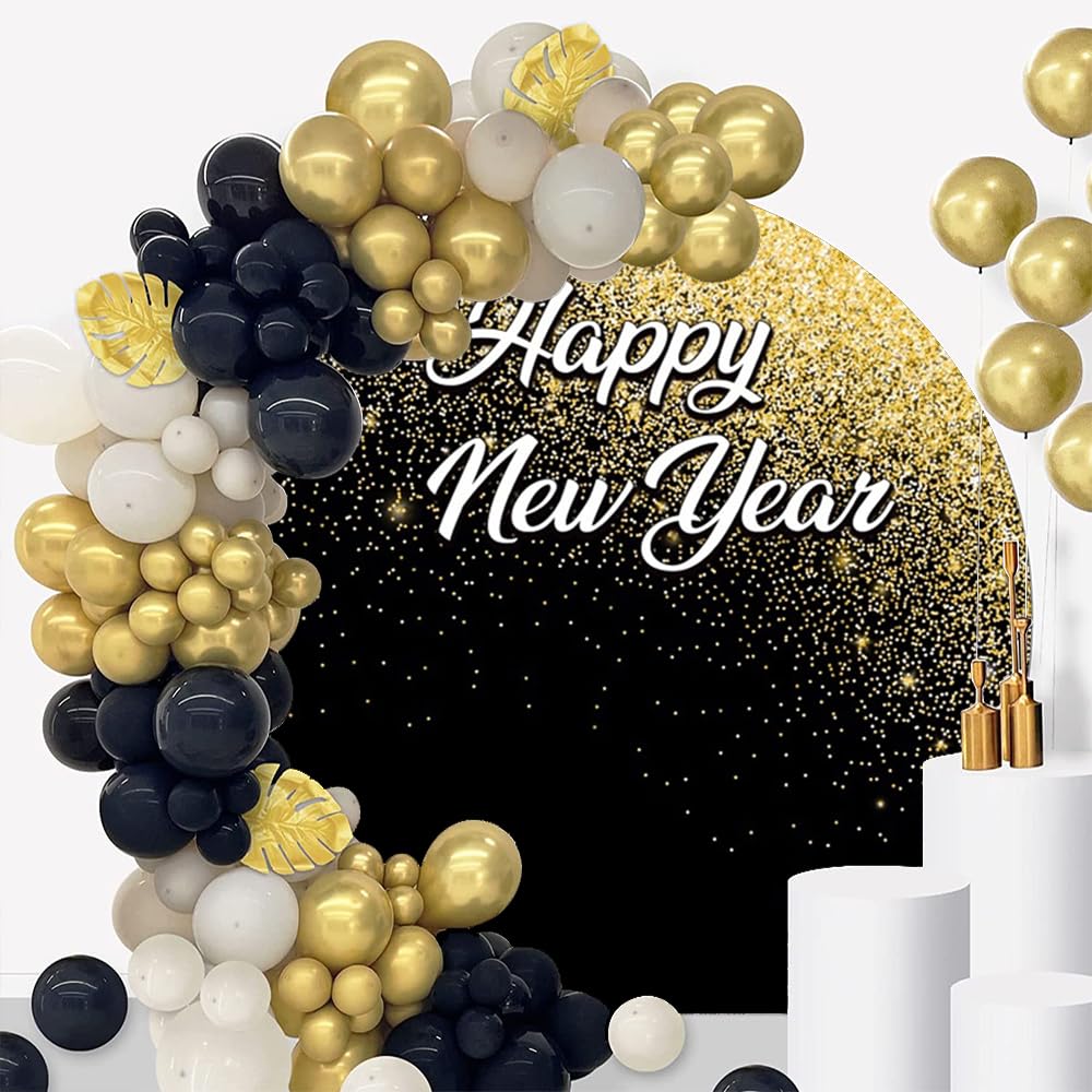 Runder Fotohintergrund „Happy New Year“ Gold-schwarz Glitzernd – 230 Cm Durchmesser, Polyester, Für Weihnachten & Silvester