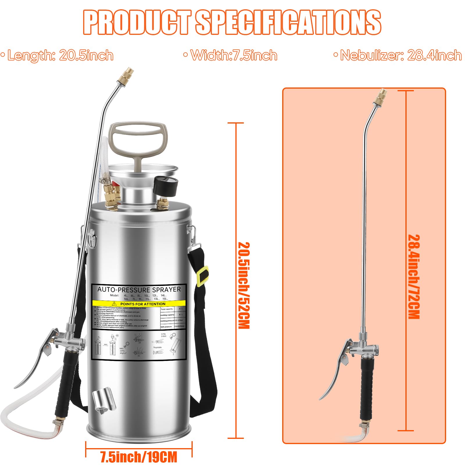 Pulverizador a Presión de Acero Inoxidable de 8 litros, Pulverizador de Jardín de Bomba Manual con Manómetro, Boquilla Ajustable,Hierbas para Césped, Jardinería y Desinfección