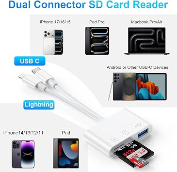 3 in 2 SD Card Reader for iPhone, Lightning USB C SD Card Reader Adapter