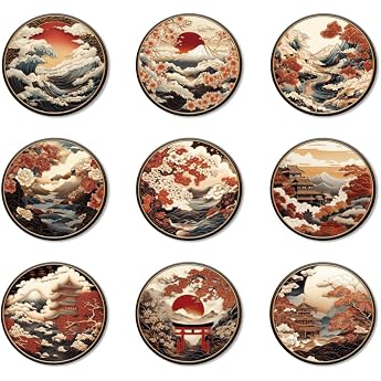 ANATTASOUL Set of 9 Japanese Pattern Coasters Wood for Home