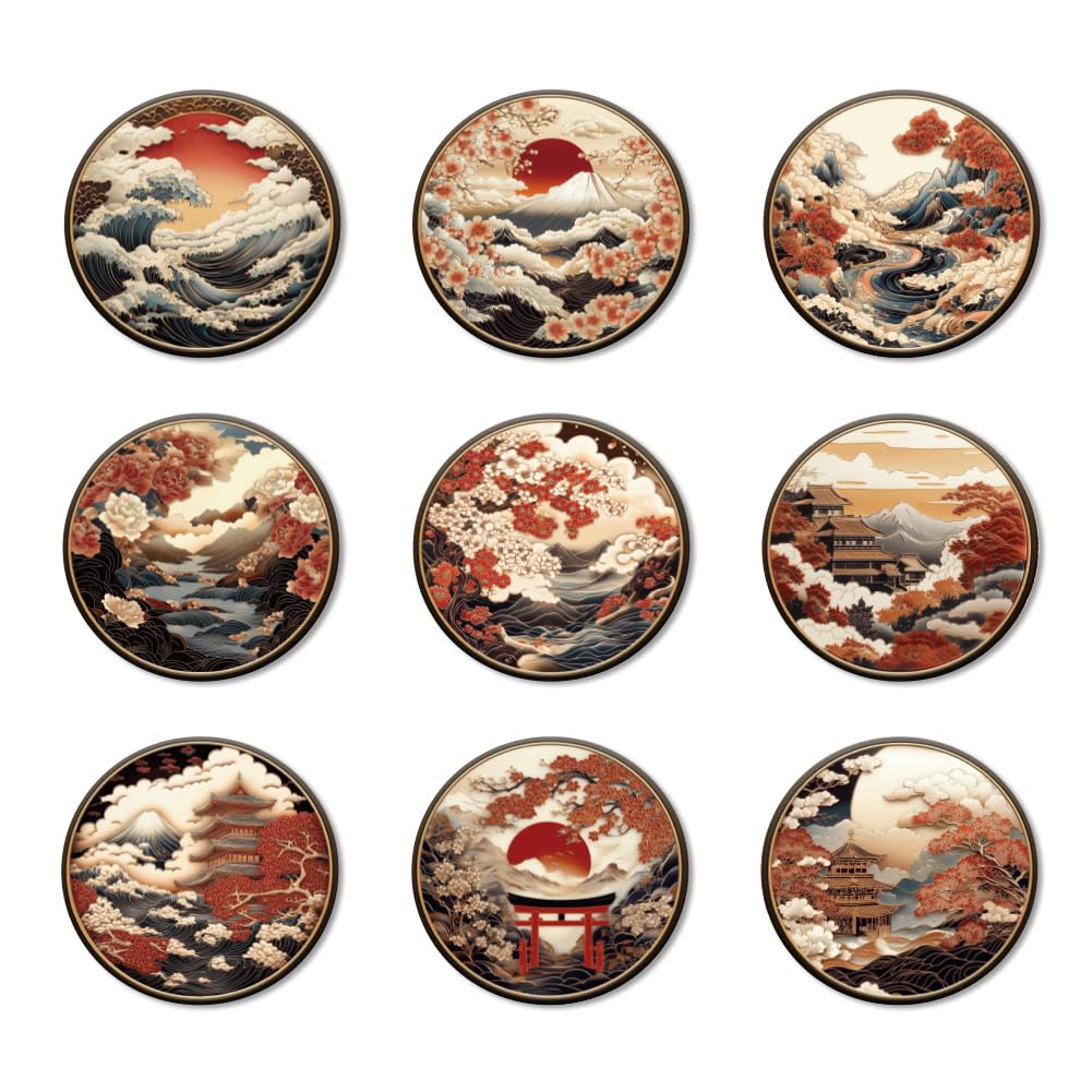 ANATTASOUL Wood Coasters Set of 9 for Drinks Japanese Pattern Colorful Wooden Cup Mat for Coffee Table Decor, 3.9" Desk Coasters for Home Decor, Apartment, Office, Bar DIY Gifts