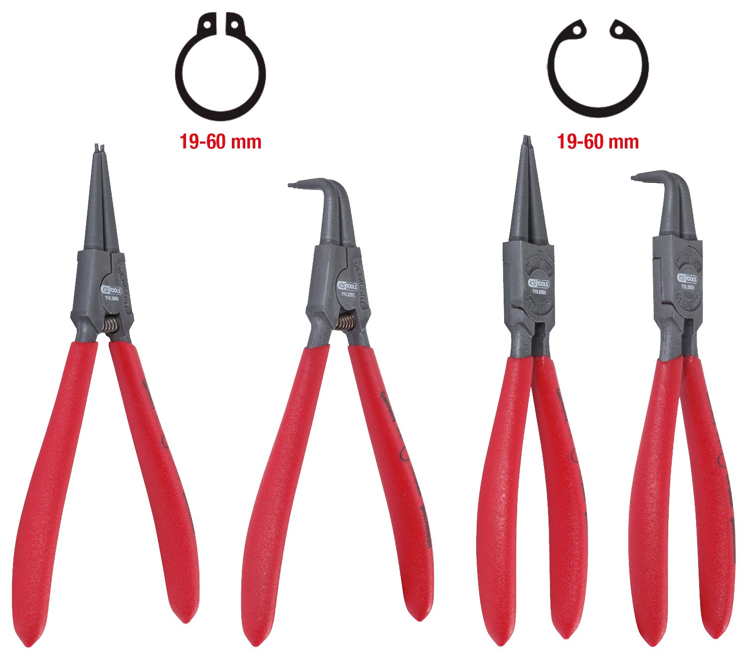 KS Tools 119.2055 Juego de alicates para anillos de seguridad, 19-60 mm, 4 pzs