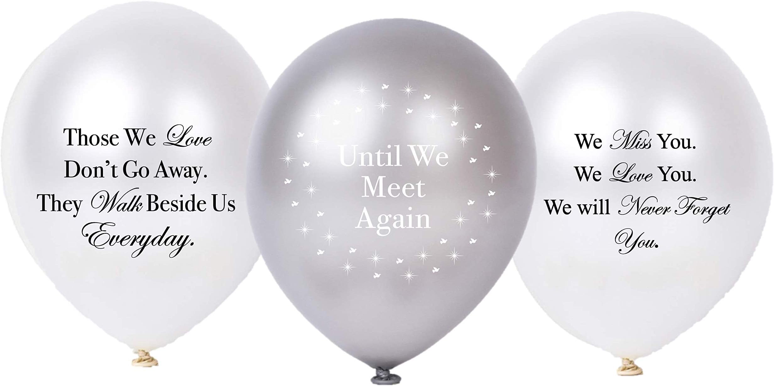 30PC Biodegradable Remembrance Balloons: White & Silver Personalizable Funeral Balloons for Balloon Releases & Sympathy Gifts | Created/Sold by AMERIBA, a USA company (Variety Pk White, Black Writing)
