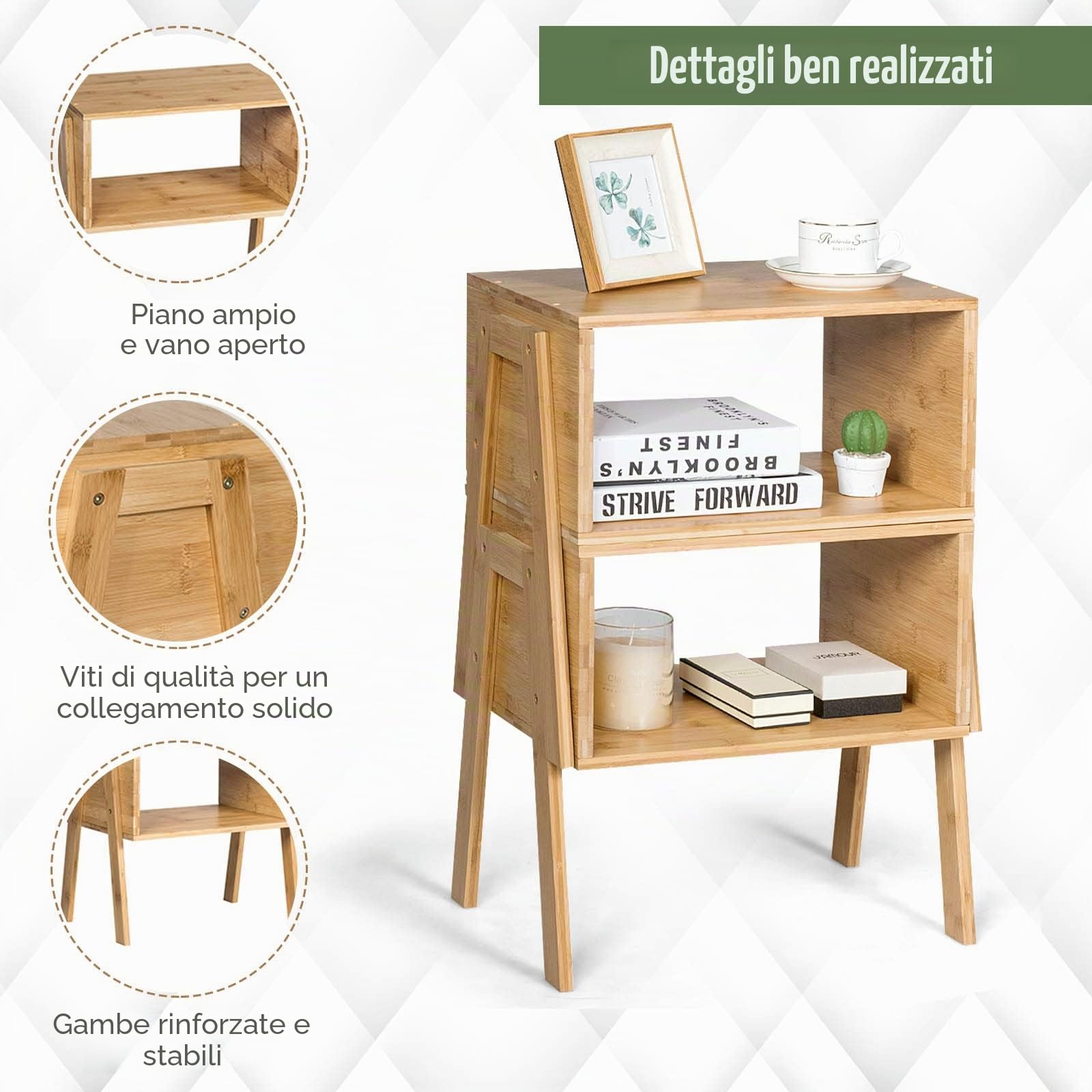 LIFEZEAL Set di 2 Comodini in Legno Massiccio di Bambù, Comò Impilabile, Tavolino Basso Laterale, Design Aperto, Moderno, per Salotto, Soggiorno, Camera da Letto, Peso Max 50 kg, 40x29x42 cm