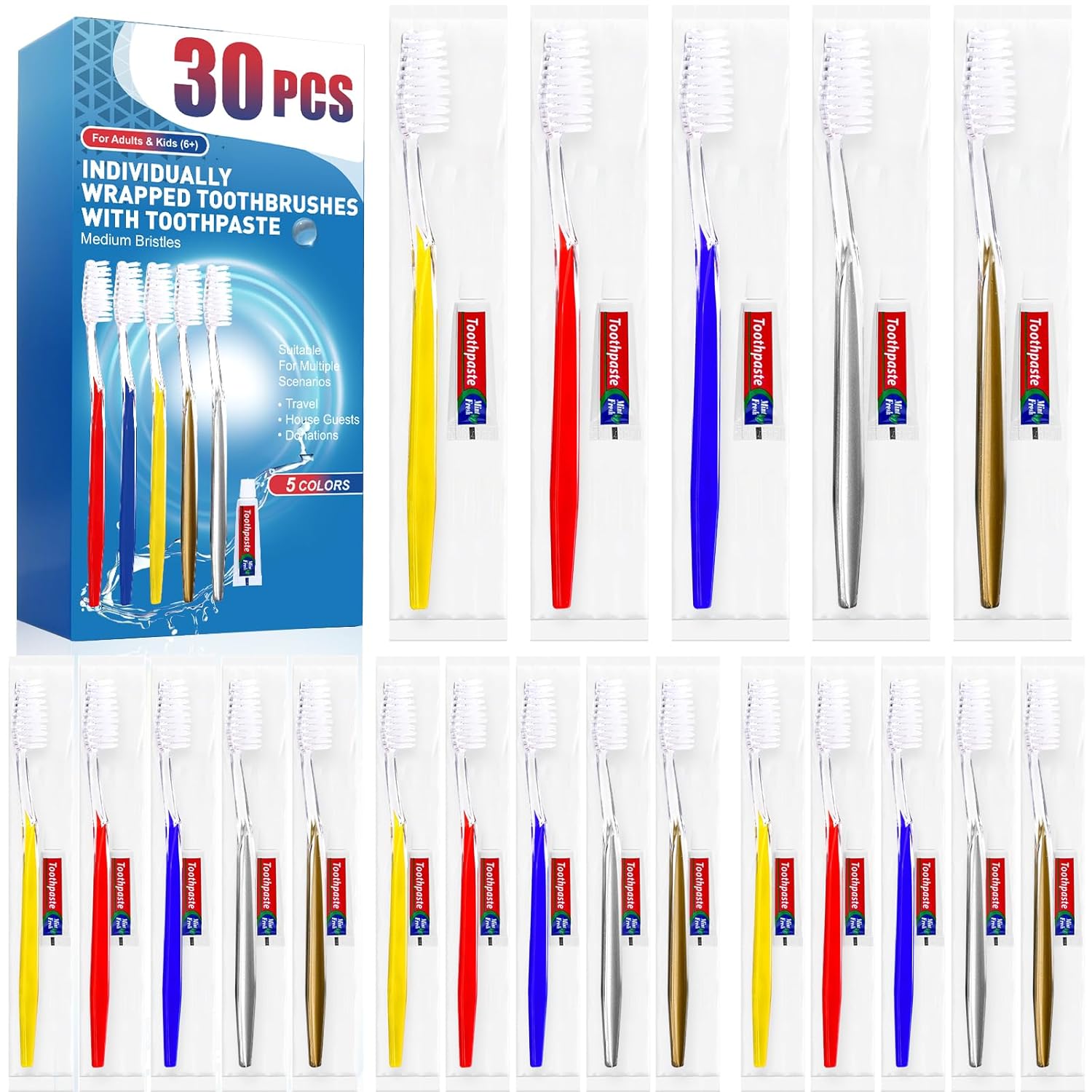 Navona 30 PCS Escova de Dente Descartável com Creme Dental, Perfeita para Viagens e Uso Diário, Embaladas Individualmente com Cerdas Macias e Design Ergonômico