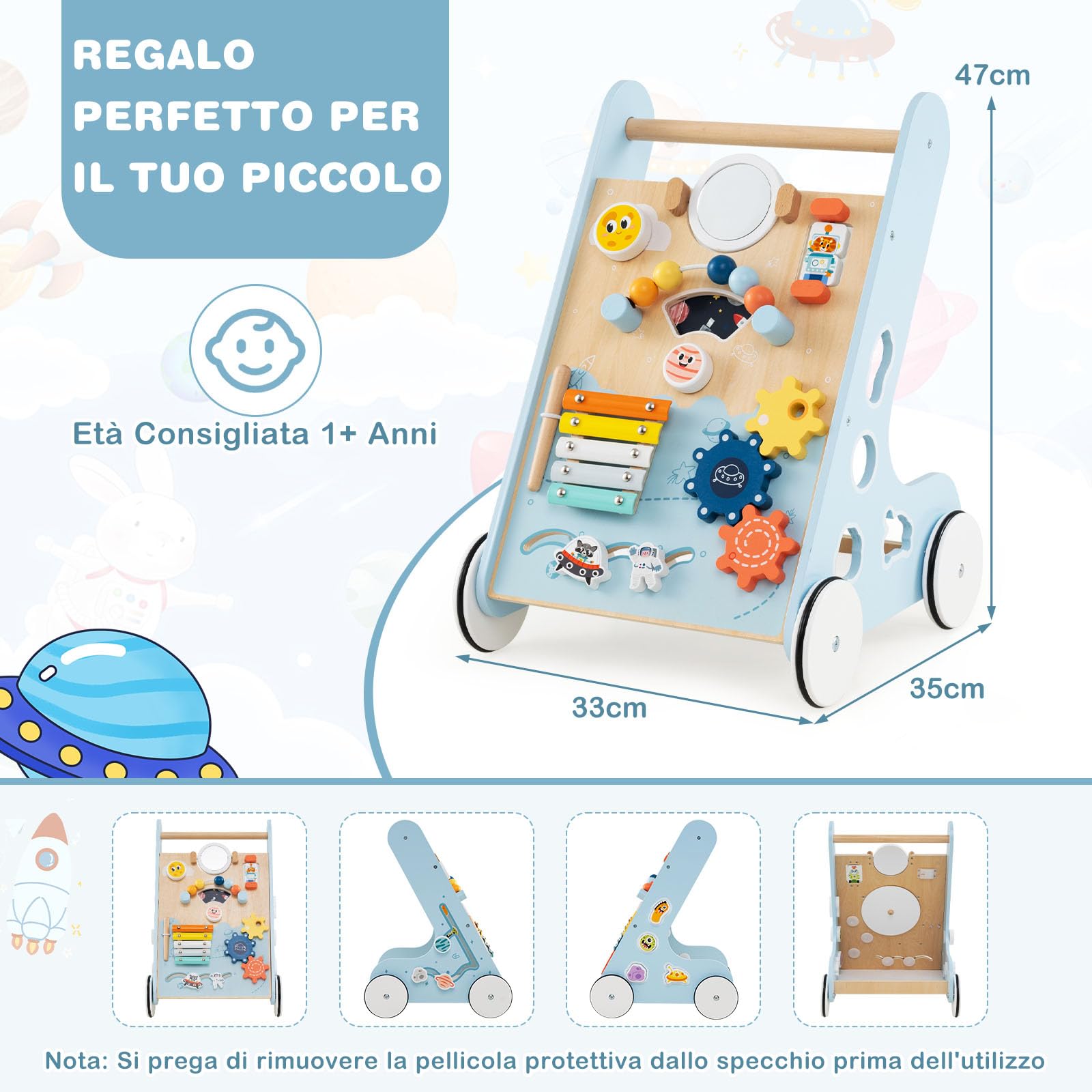 COSTWAY Carrellino Primi Passi 8 in 1, Girello in Legno per Bambini, Giocattolo Montessori, Centro Attività di Apprendimento a Spinta, Giocattolo a Spinta per Bambini di 1+ Anni (Blu)