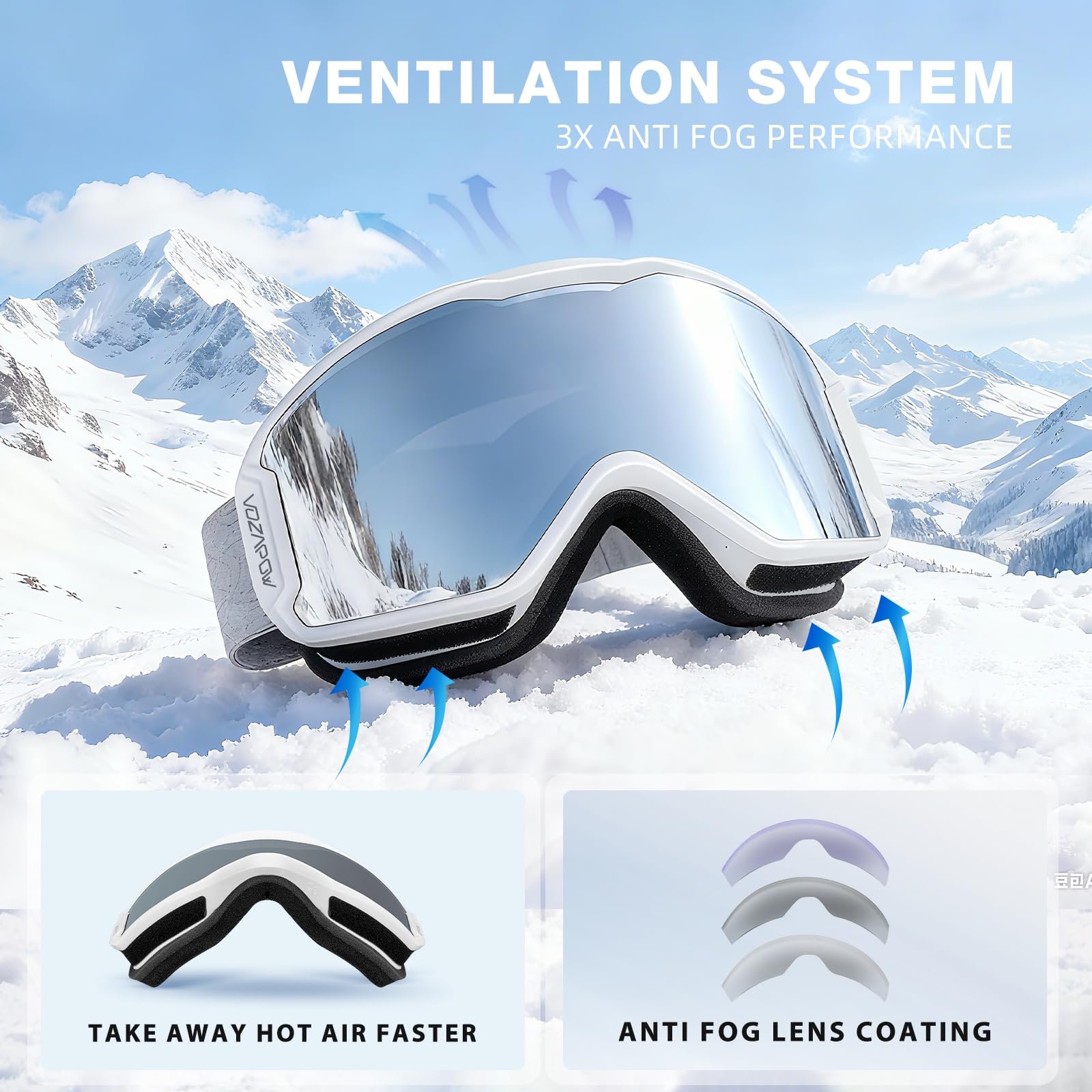 Lunettes de ski avec verres HD, protection 100 % UV, anti-buée pour hommes, femmes, jeunes