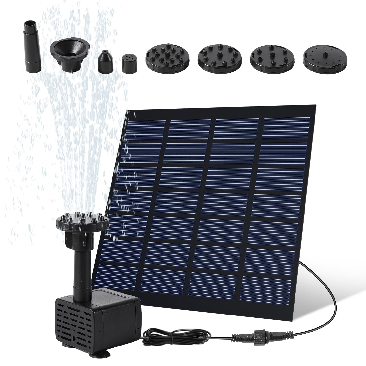 Sonnewelt Solarna fontanna, bezszczotkowa pompa do stawu 7 V, 1,5 W, solarna pompa wodna z 10 stylami fontanny, do zabaw wodnych, stawów, łaźni ptaków, ogrodu