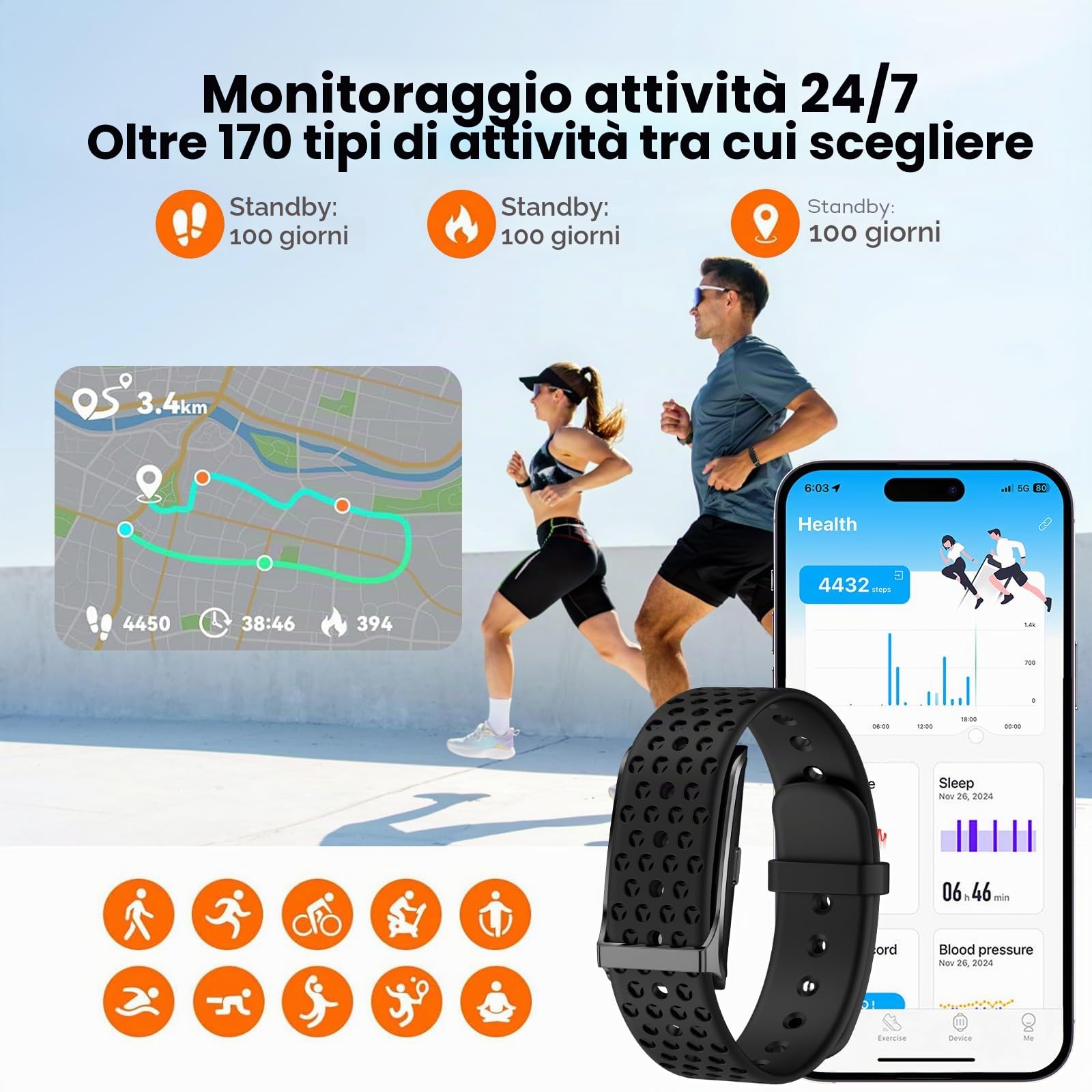 Braccialetto di Monitoraggio Fitness Multifunzionale Senza Schermo, Autonomia 40 Giorni, Sonno e Sport, Monitoraggio Cardiaco ip68 Impermeabile, 127 Diverse Modalità di Sport