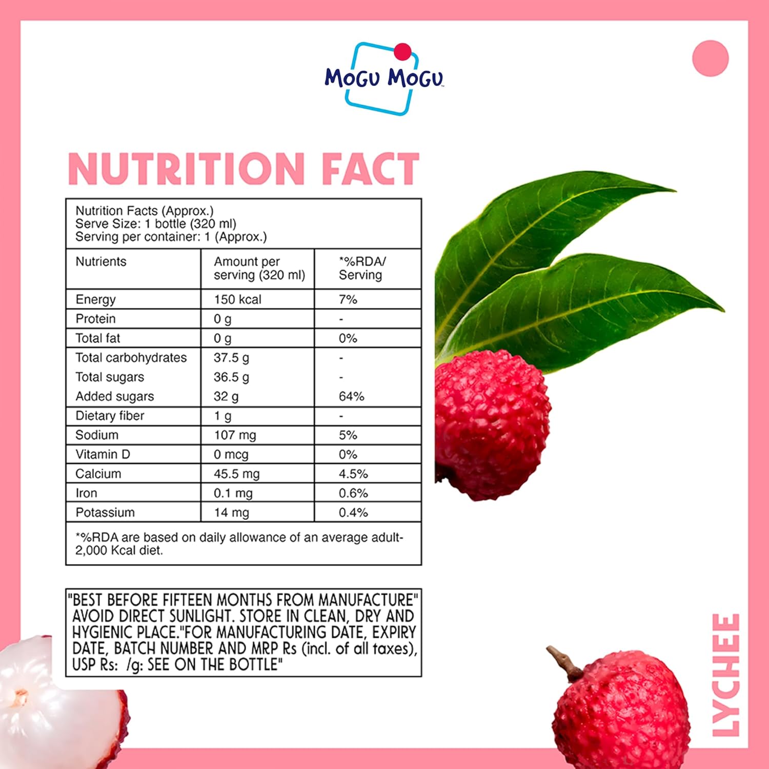 Mogu Mogu Lychee & Orange Juice Drink with Nata de Coco Jelly 320ml (Pack of 6)| Refreshing Tropical Thai-Made Sip & Chew Beverage