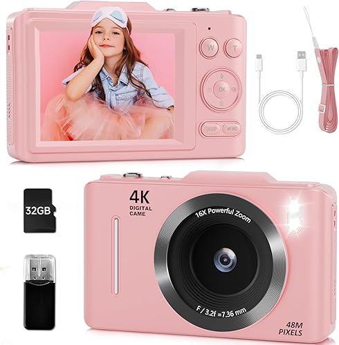 Miniatura 10 de Cámara digital para niños, FHD 4K 48MP cámaras digitales compactas de apuntar y disparar con pantalla IPS de 2.8 pulgadas, zoom 16X, tarjeta de 32