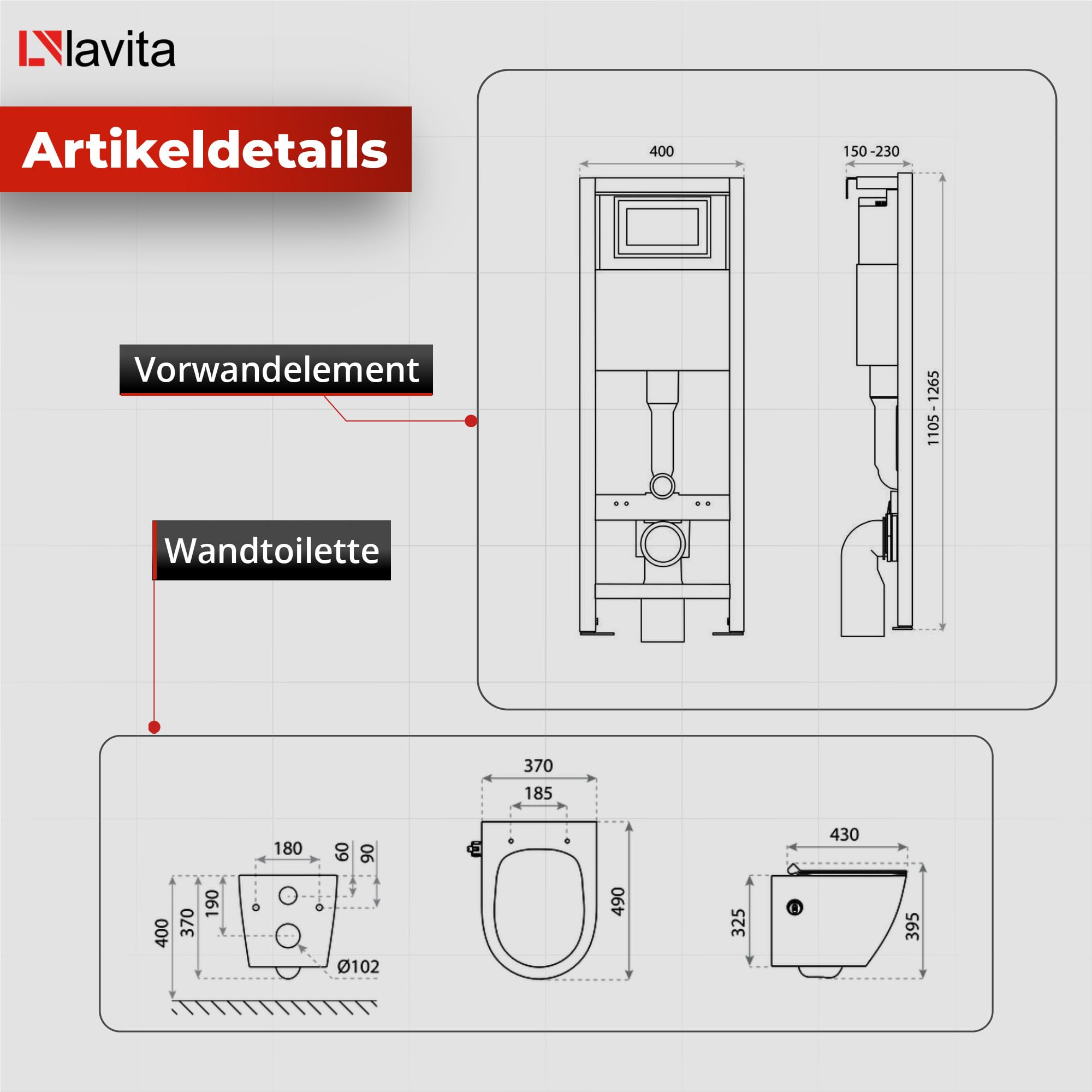 Lavita LAV 101 Élément de paroi avant pour WC 40 cm + WC suspendu profond Salto blanc sans bord + panneau de commande LAV 200.4.2 chromé + abattant WC avec système d'abaissement automatique Kit