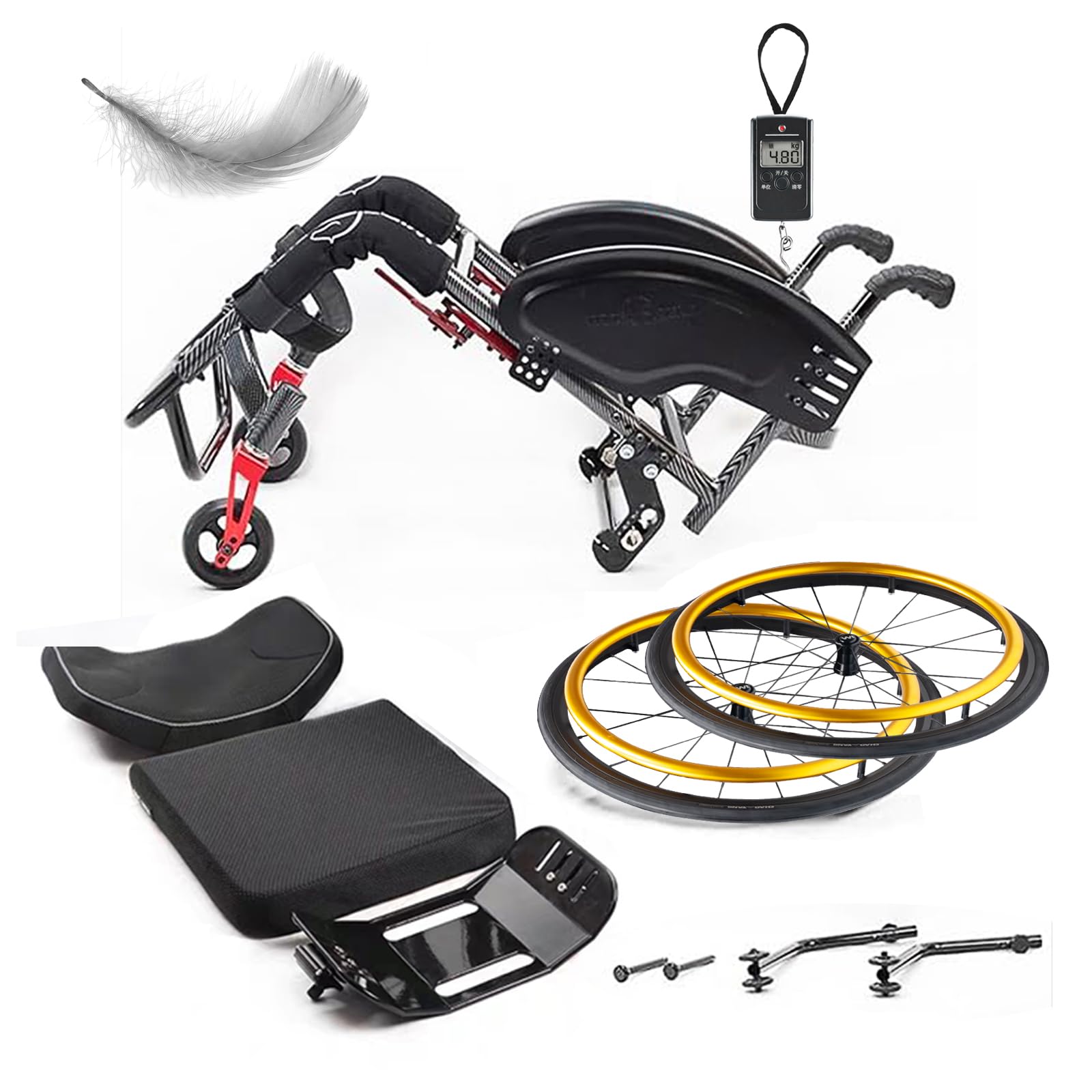 Sedia a rotelle sportiva leggera per tutti i terreni, sedia a rotelle in lega di alluminio, sedia a rotelle manuale semovente,Sedia a rotelle da transito,Freni a maniglia, Antiribaltamento(Seat width