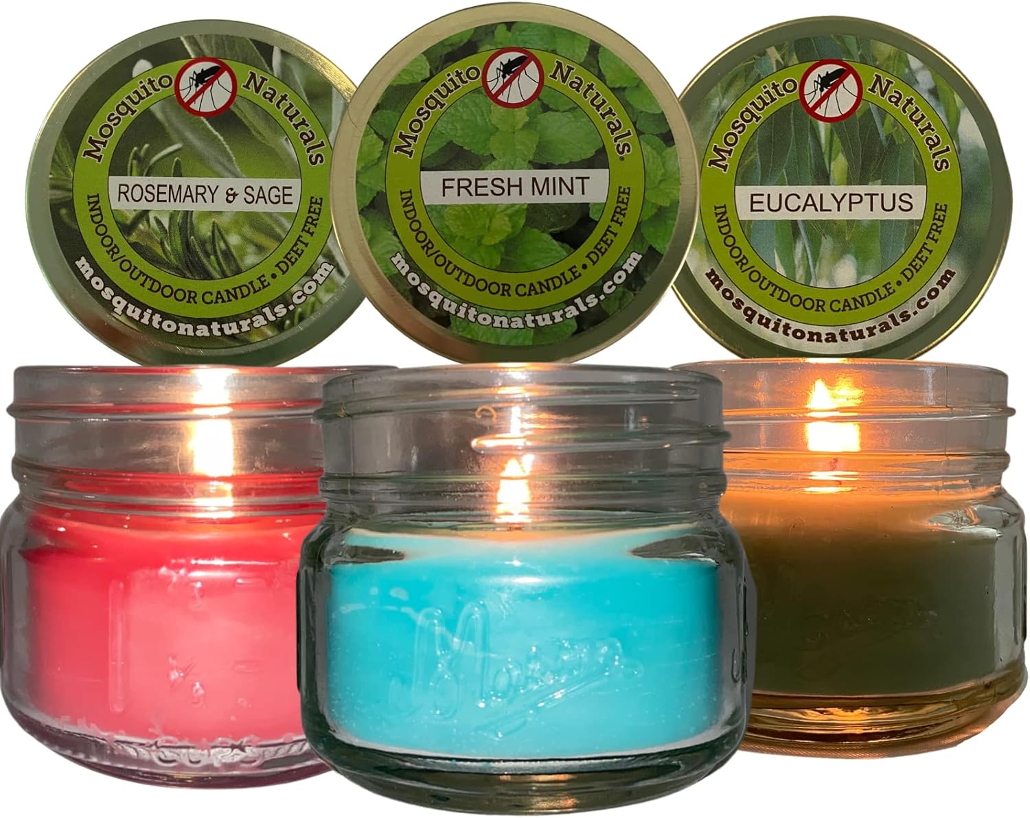 Eucalyptus, Fresh Mint, Rosemary Sage with Essential Oils – Made in USA – (Set of 3) Outdoor or Indoor Use – All Natural, Soy Base Candles, 3 oz Jars with Lids