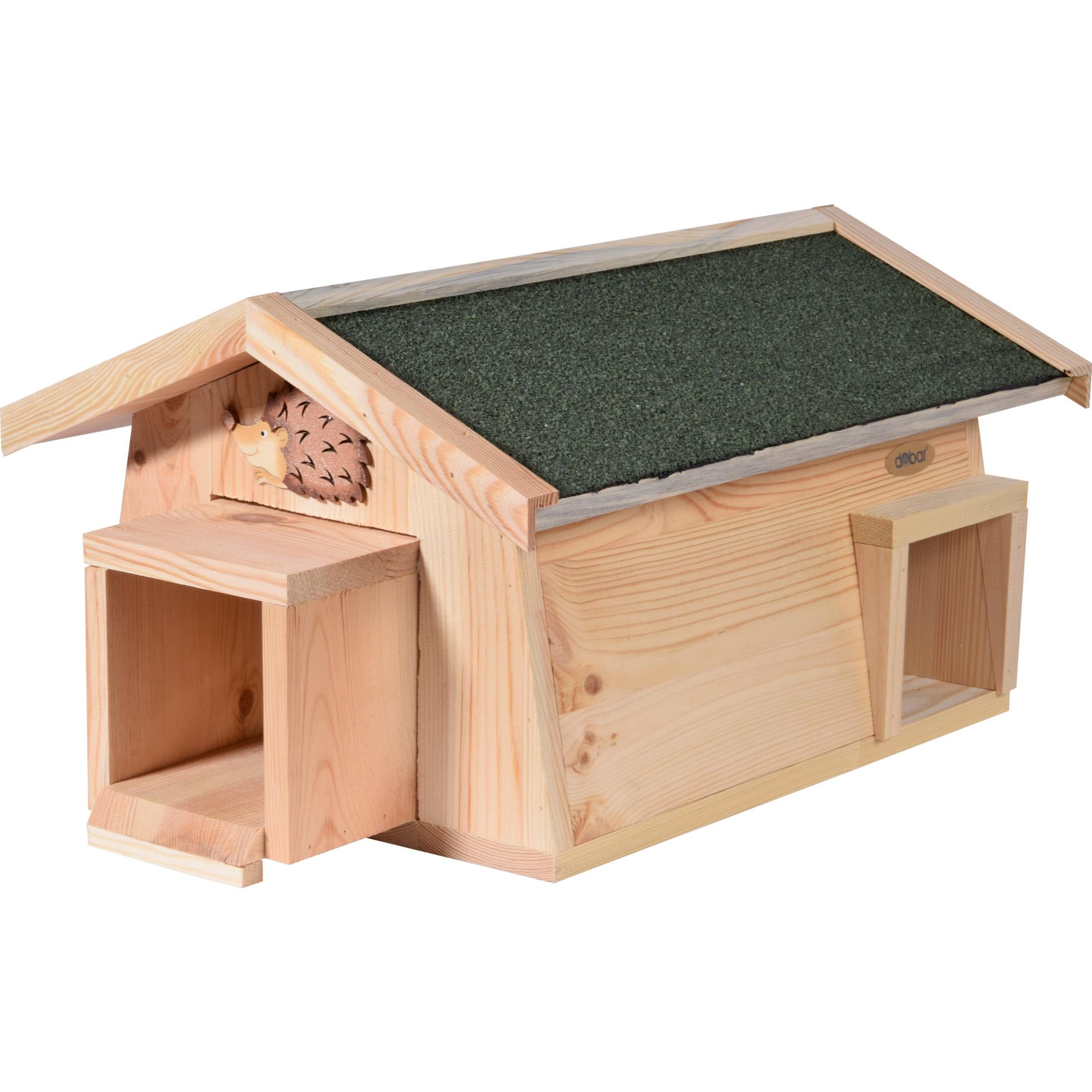 dobar® 22216e Igelhaus Mecki - Igelschlafhaus aus Massivholz - Igelhöhle für den Garten - Igelschlafplatz mit Schleuse - Igelhotel mit herausziehbarem Eingang - 54 x 35 x 26 cm - Grün