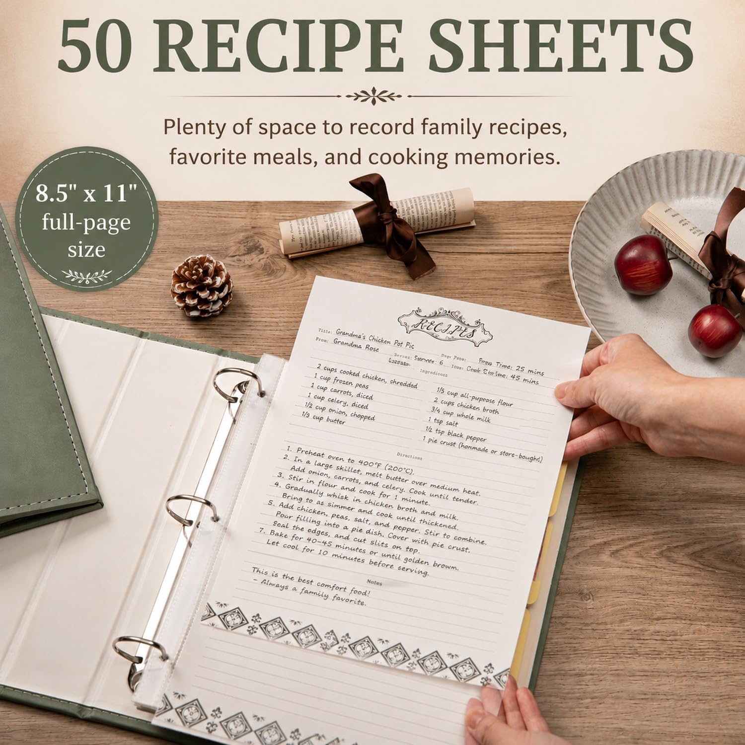 COFICE Raccoglitore per ricette – 8,5 x 11 3 anelli vuoti per la famiglia di ricette da scrivere nelle tue ricette con copertina in ecopelle PU e maniche in plastica (verde scuro)