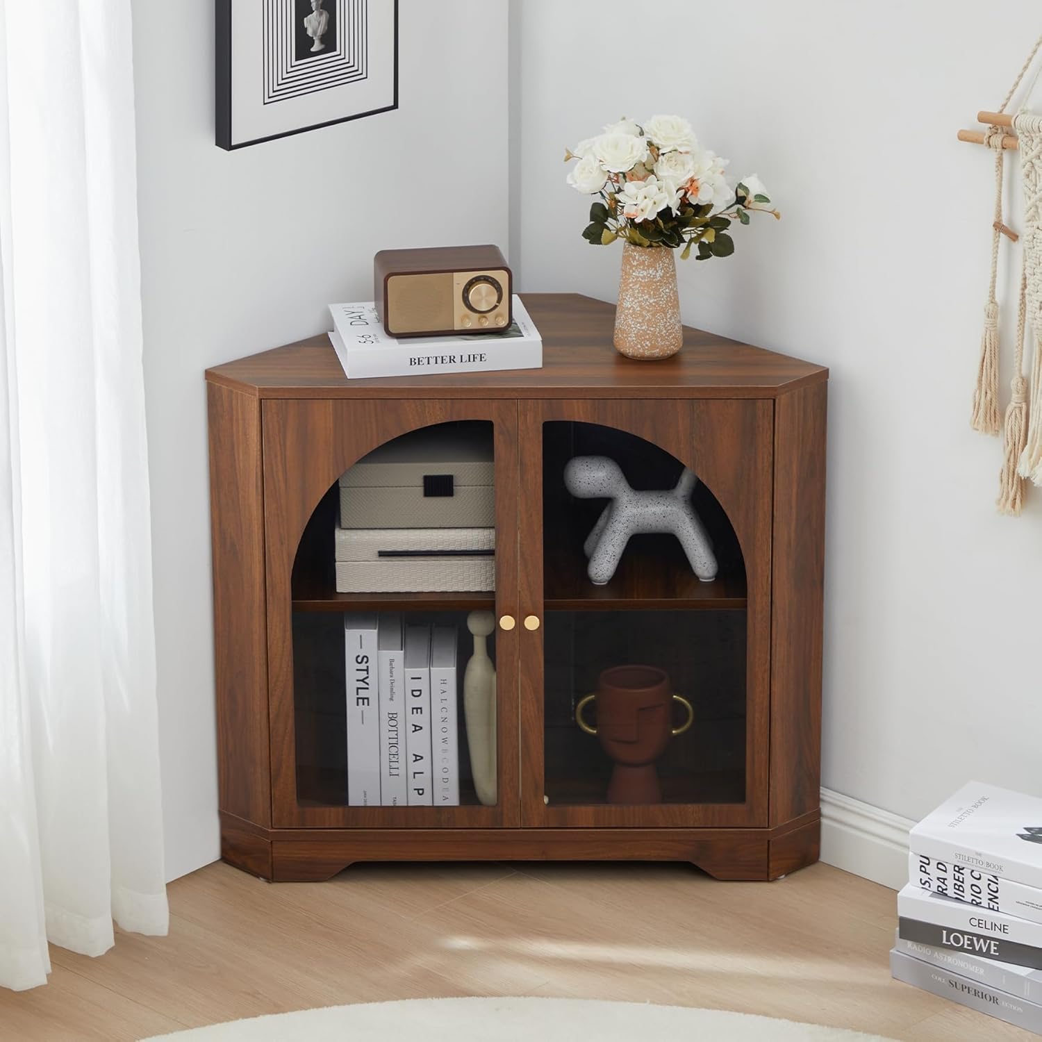 AVZEAR Modern Corner Cabinet, Mid Century Curved Corner Storage Shelf with Doors and Adjustable Shelves, Farmhouse Storage Cabinet for Living Room Kitchen Bathroom (Walnut)