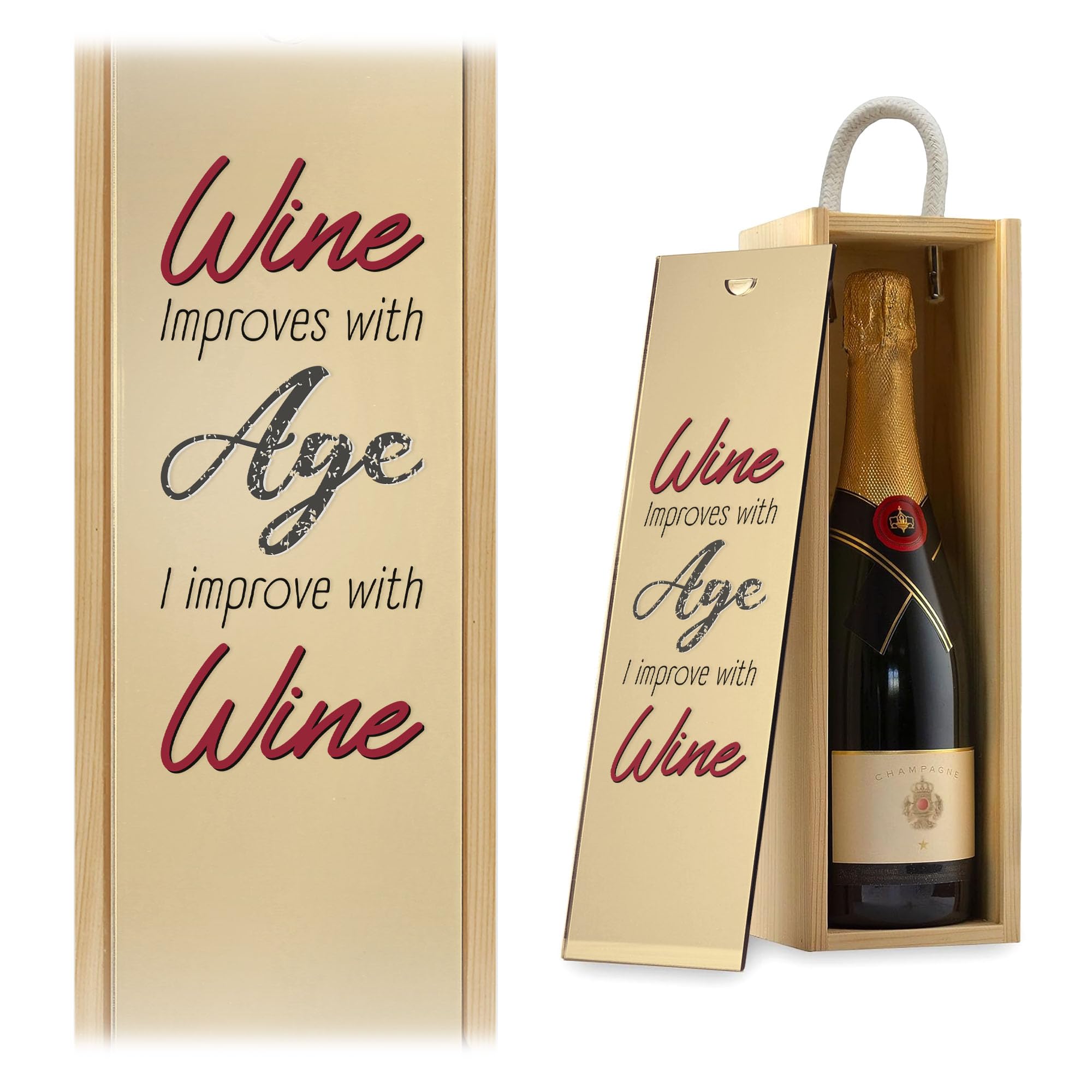 A1 Graphics Ltd Wine Improves With Age I Improve With Wine Funny Wine Gift Box Champagne Box Novelty Birthday Gift Humour Present (Gold, Natural Box)