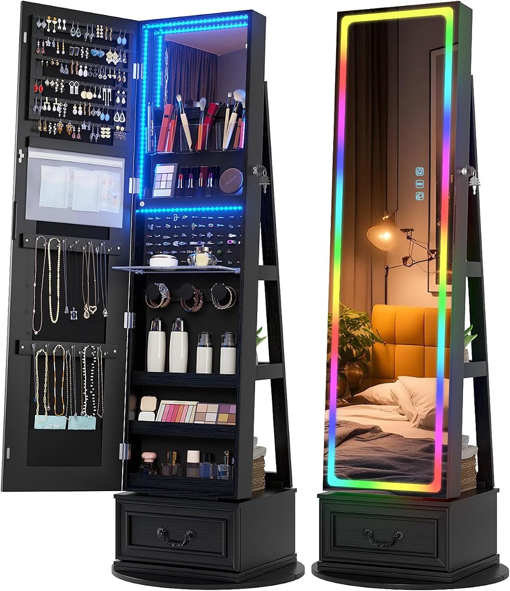 Vlsrka LED Mirror Jewelry Cabinet with Lights, 360° Swivel, Black | Lockable Mirror with Storage, Standing Jewelry Armoire Organizer, Touch Screen, RGB Modes for Bedroom, Gift for Women