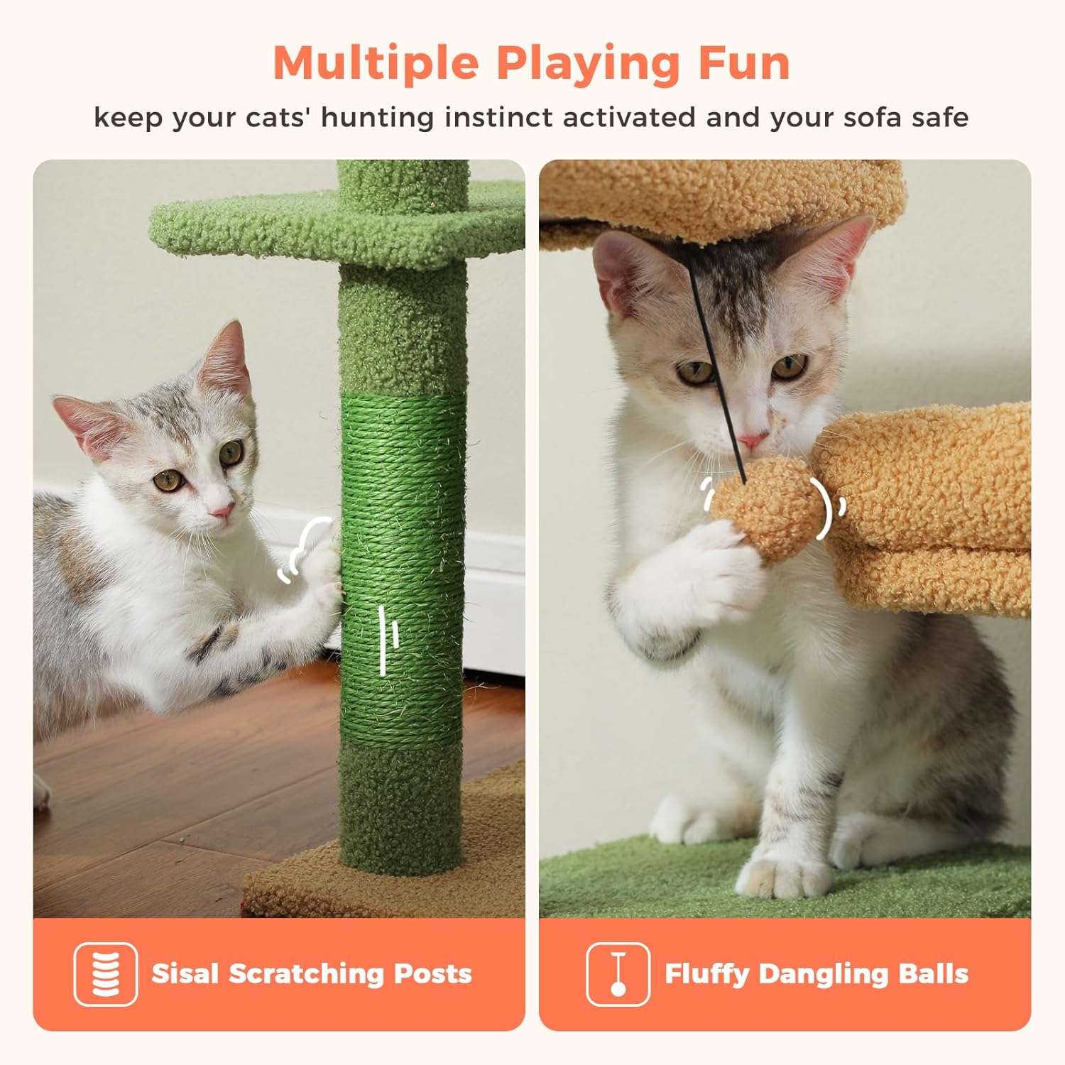 Image demonstrating the sisal scratching posts and fluffy dangling balls on the cat tree.