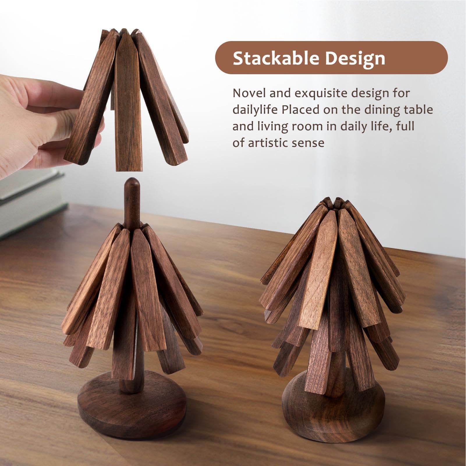 Set Di 4 Sottopentola In Legno A Forma Di Albero, Con Supporto, Apribili A Ventaglio, Per Piatti Caldi E Pentole, Diametro 19,5 Cm, Colore Legno Naturale - 3