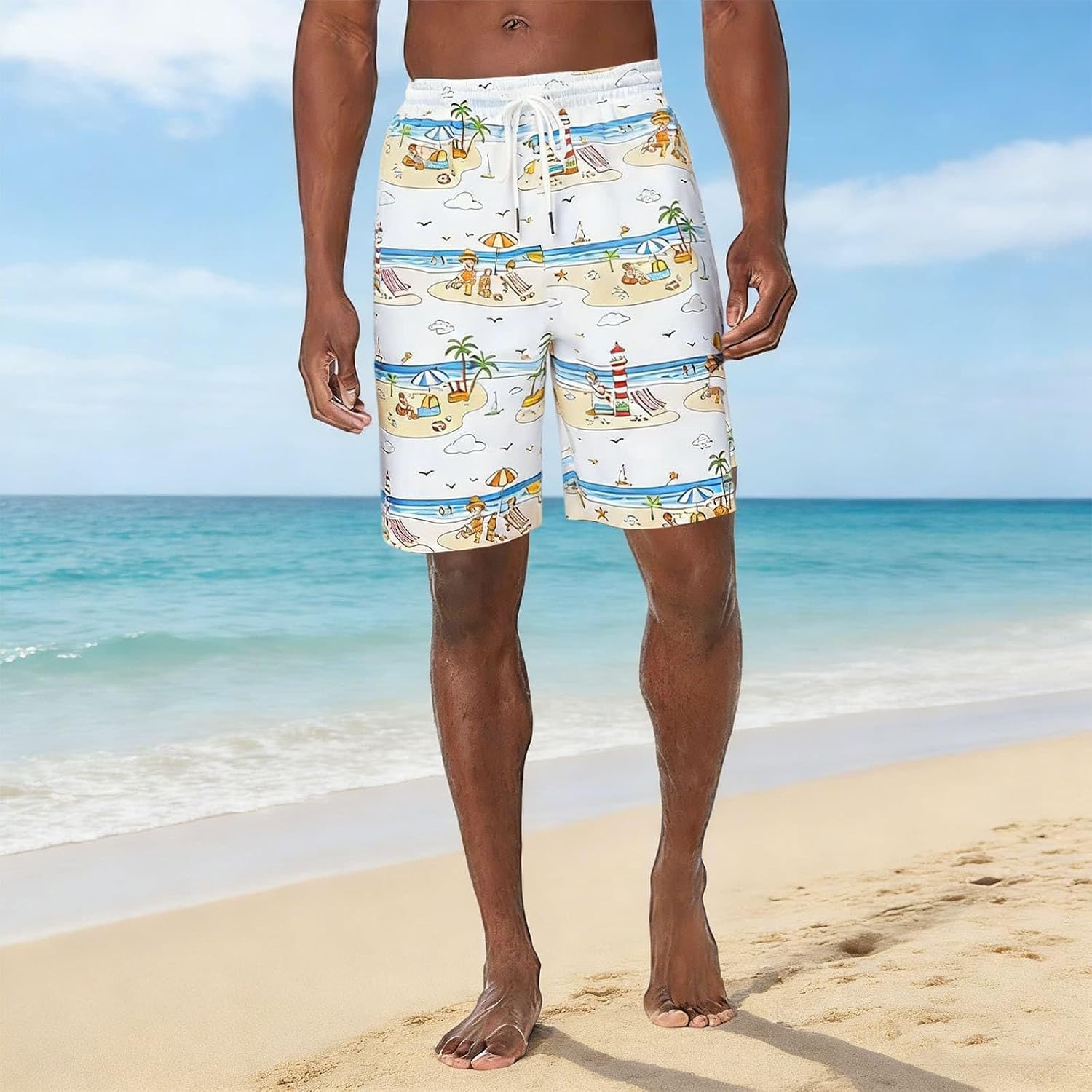 Men's Hawaii Printed Board Shorts Lightweight Beach Elastic Waist Swim Trunks Summer Resort Travel Bathing Suit